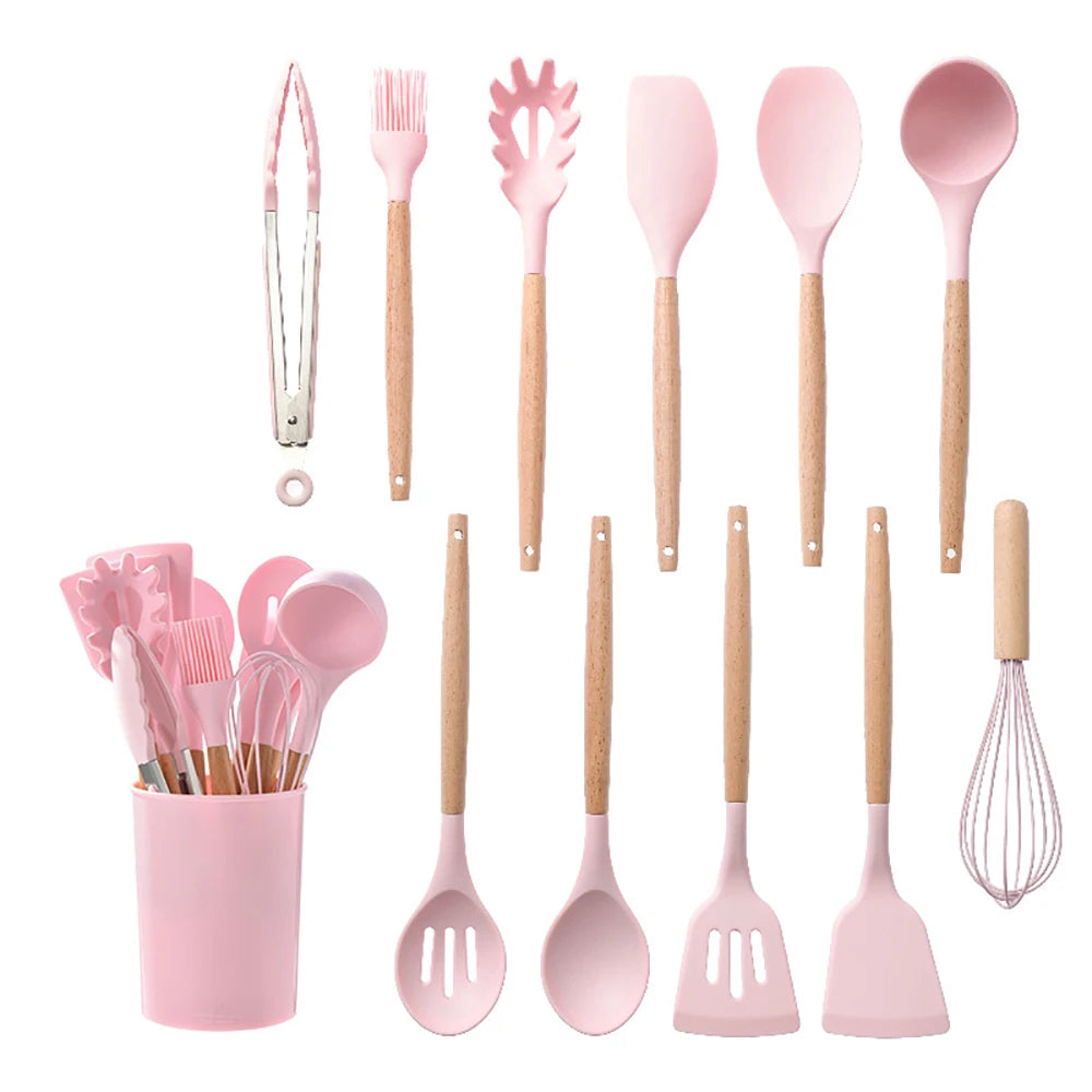 Silicone Kitchenware Cooking Utensils Set with Wooden Handle
