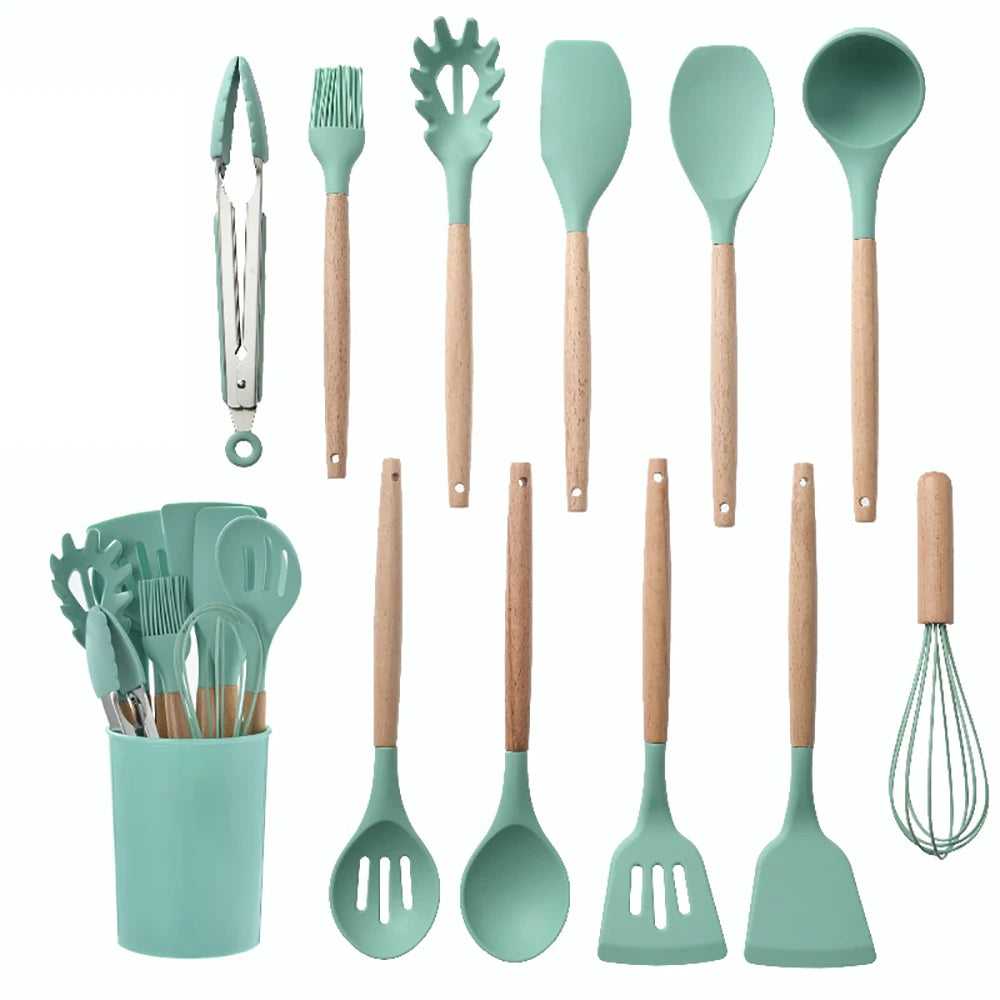 Silicone Kitchenware Cooking Utensils Set with Wooden Handle