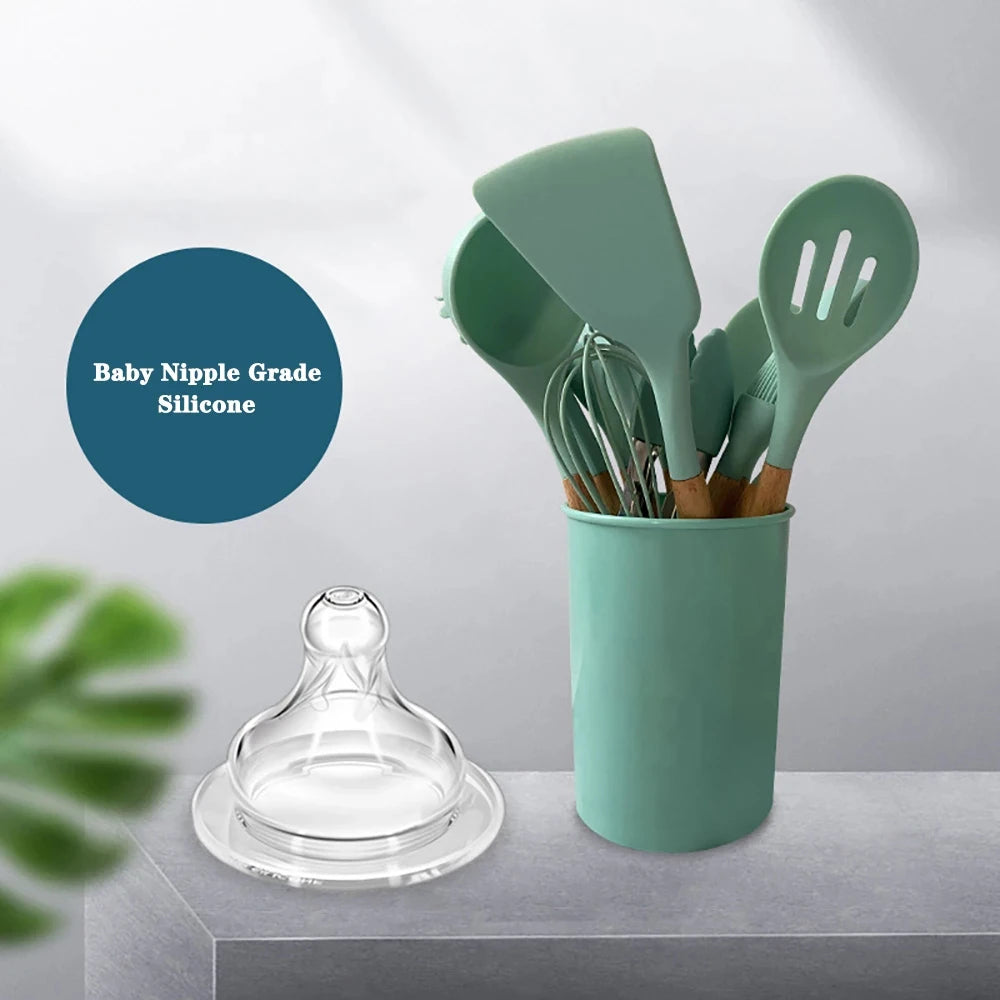 Silicone Kitchenware Cooking Utensils Set with Wooden Handle