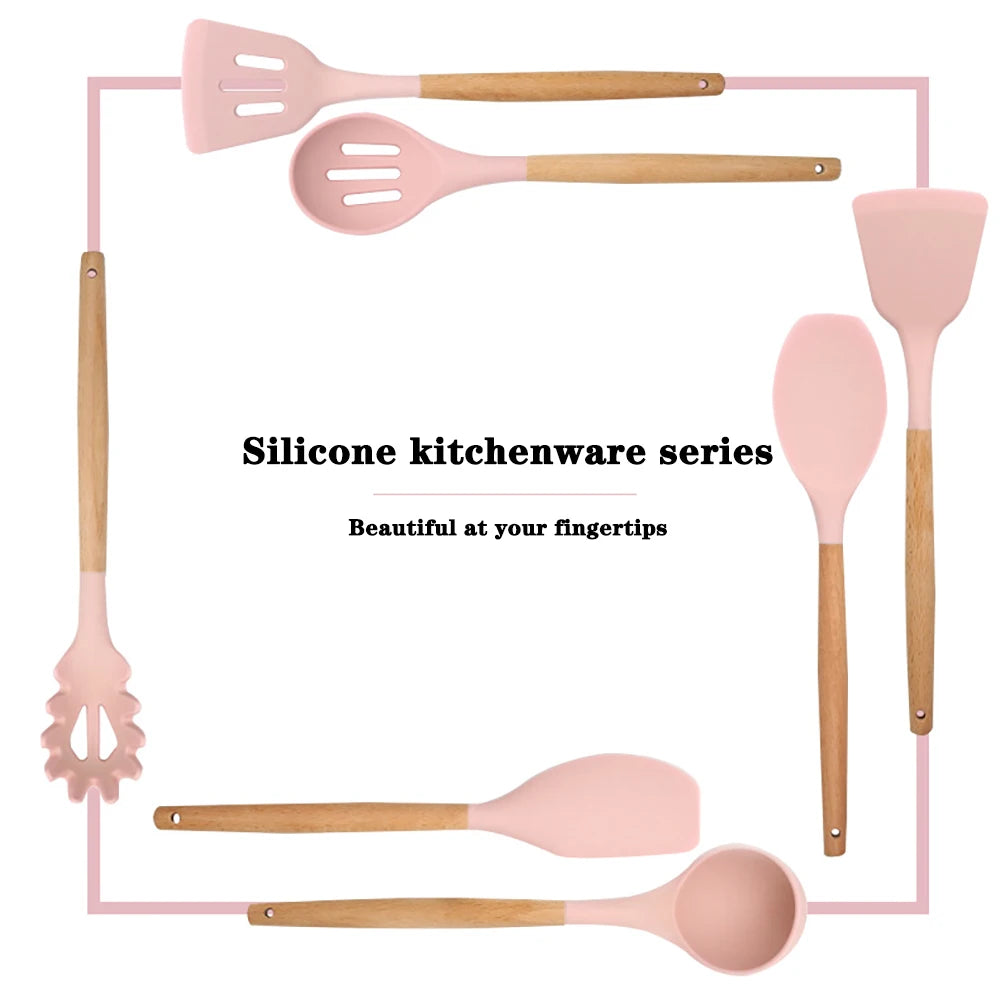 Silicone Kitchenware Cooking Utensils Set with Wooden Handle