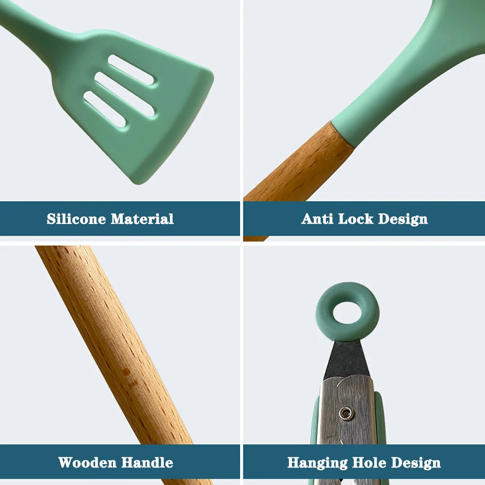 Silicone Kitchenware Cooking Utensils Set with Wooden Handle