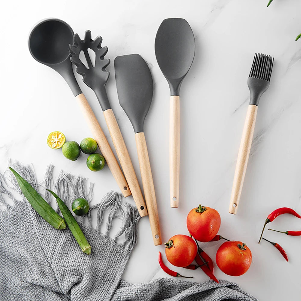 Silicone Kitchenware Cooking Utensils Set with Wooden Handle