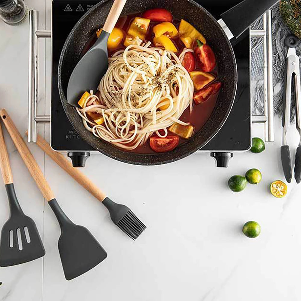 Silicone Kitchenware Cooking Utensils Set with Wooden Handle