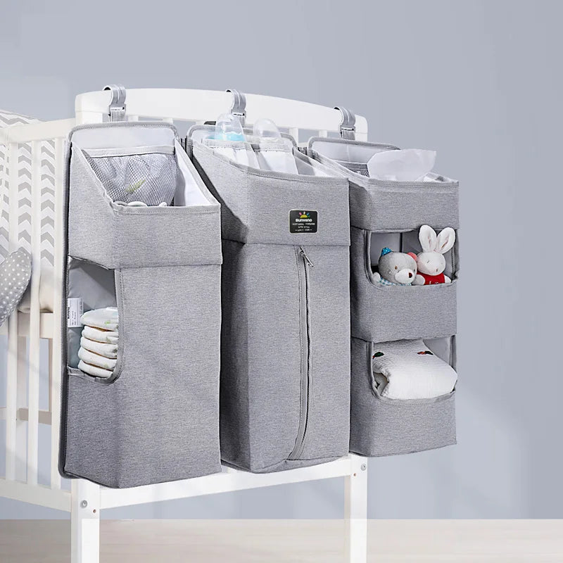 Sunveno Crib Organizer for Baby Crib Hanging Storage Bag Baby Clothing Caddy Organizer for Essentials Bedding Diaper Nappy Bag