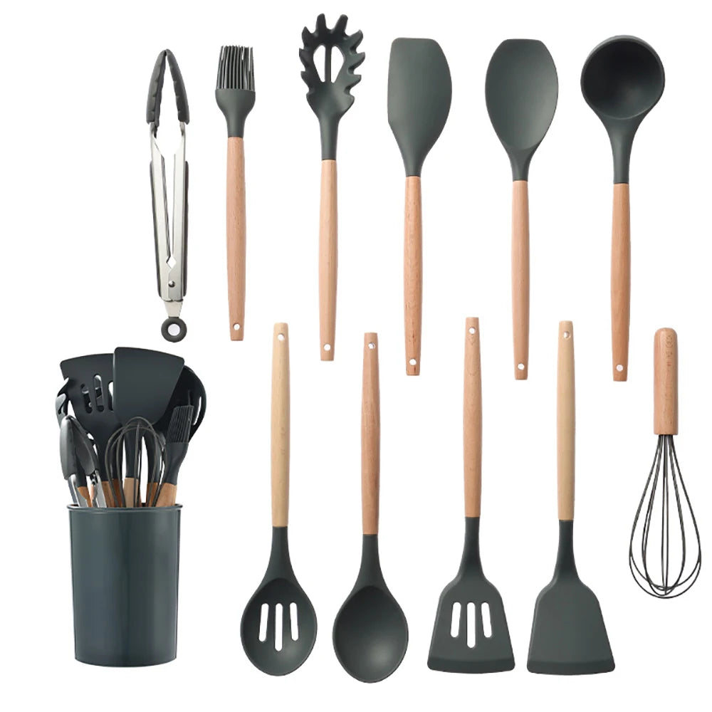 Silicone Kitchenware Cooking Utensils Set with Wooden Handle