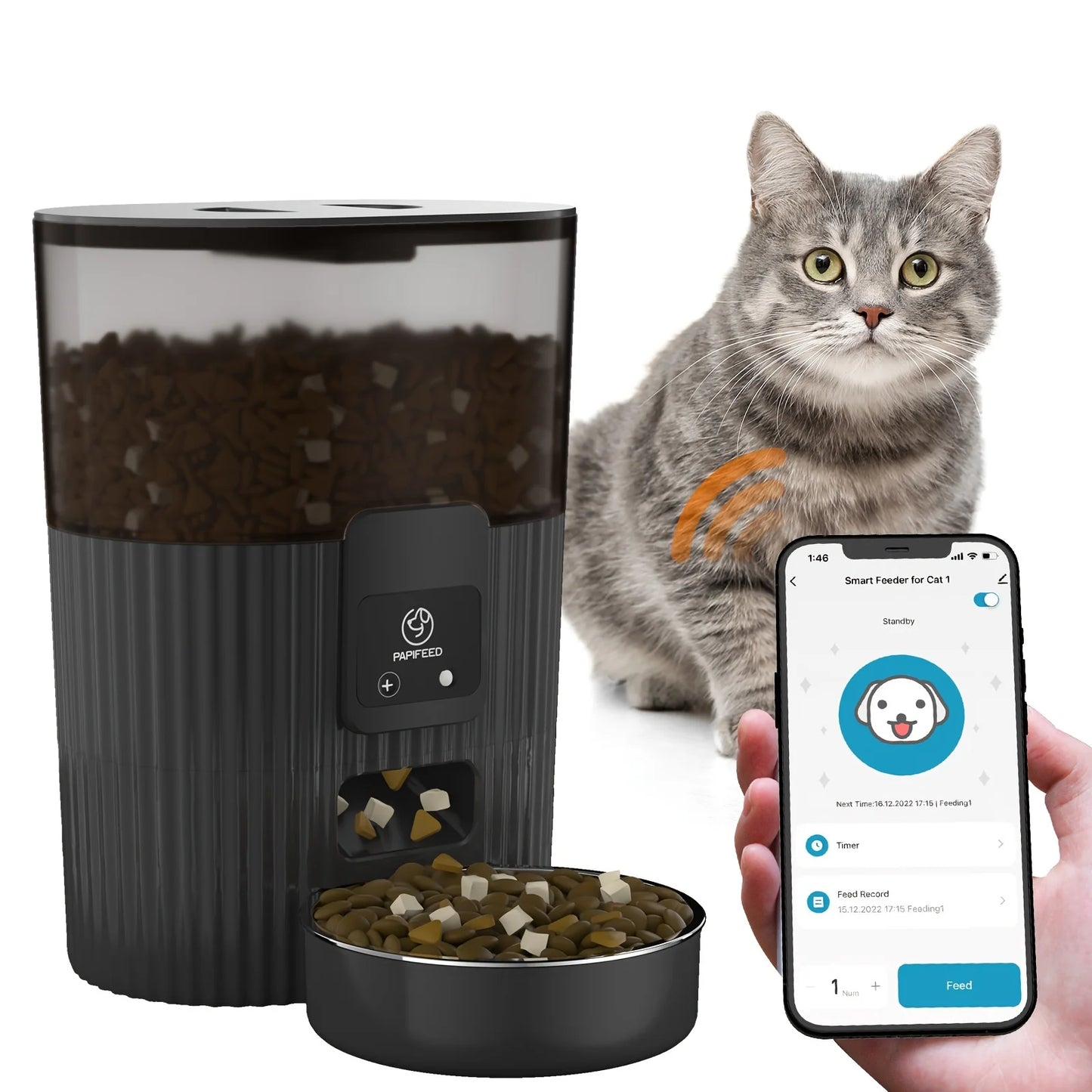PAPIFEED Smart Cat Automatic Feeder Dog Food Dispenser WiFi Remote Control LCD Display Plastic Design