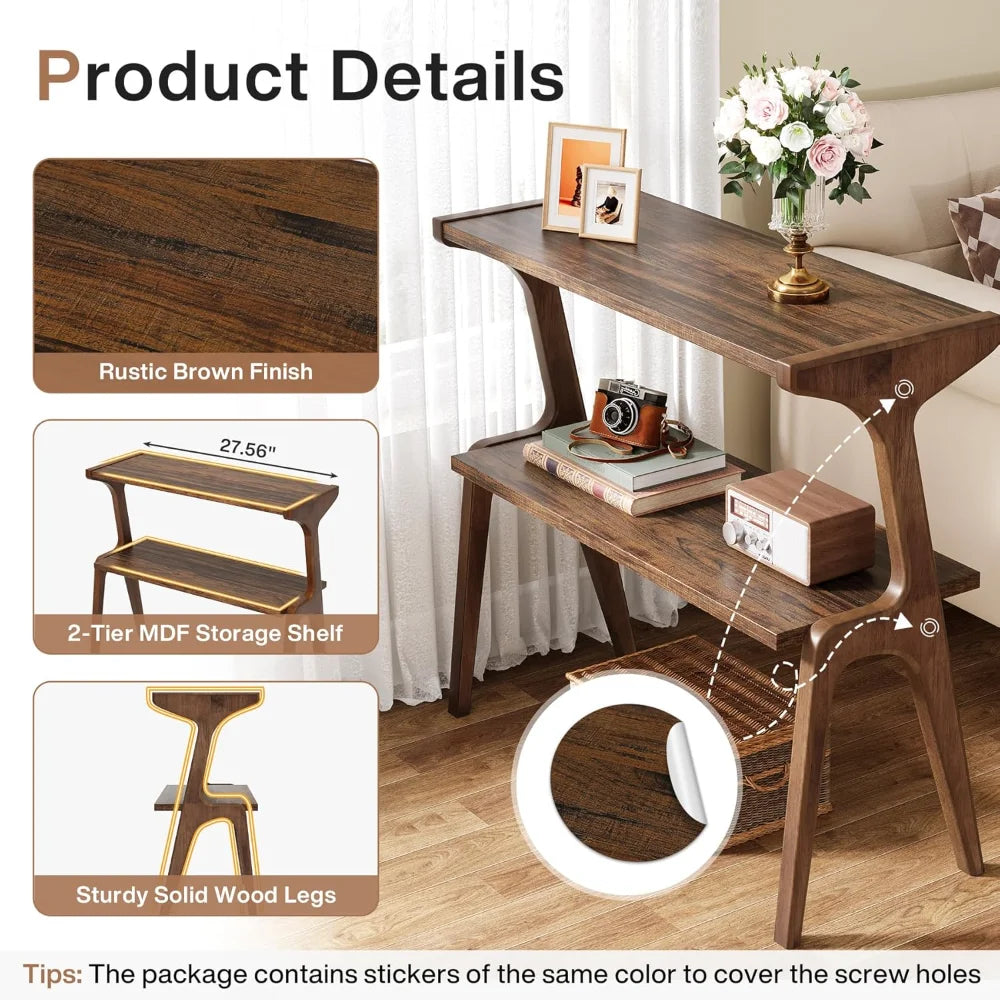 Set of 2 Narrow End Tables for Living Room 2-Tier Slim Side Table with Solid Wood Legs Farmhouse Tall End Table with Storage Shelf