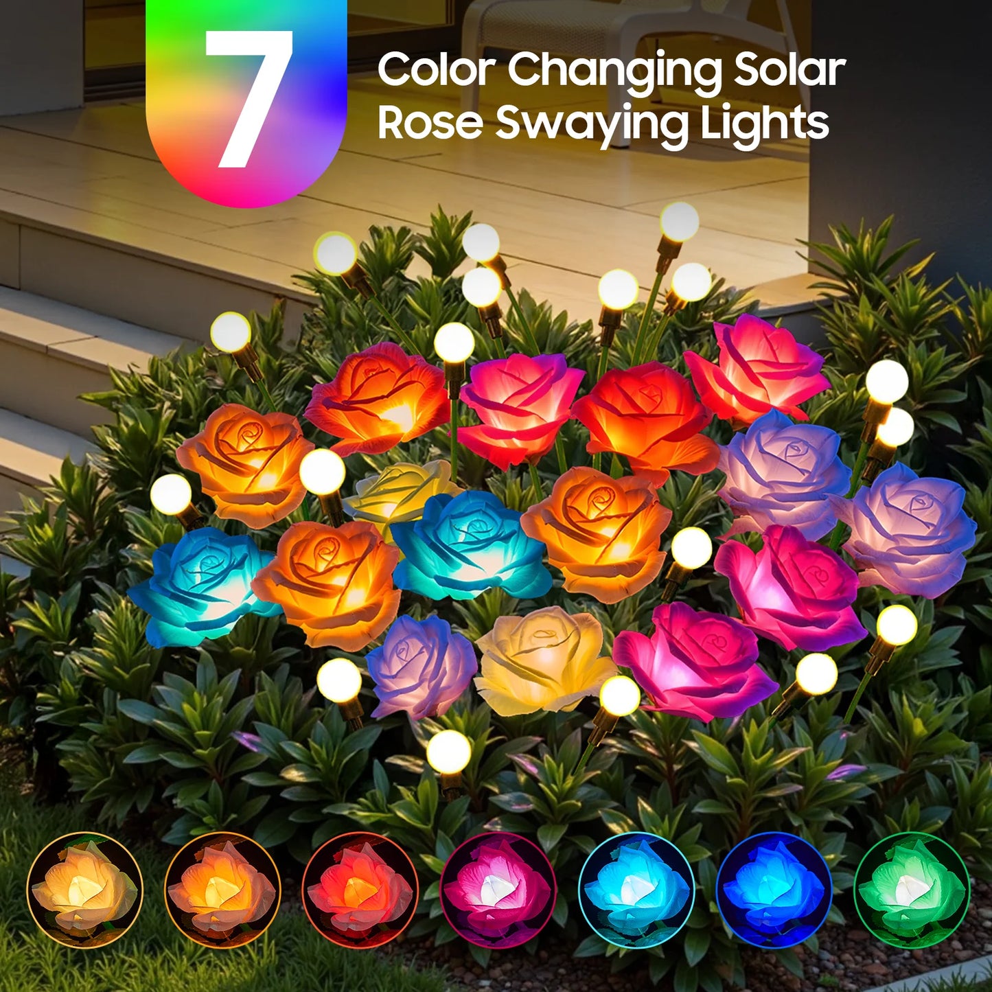 2 or 4 Pack Solar Rose and Firefly Swing Lights 7 Color Changing Outdoor Solar Lights for Garden Patio Holiday Decor and Gifts