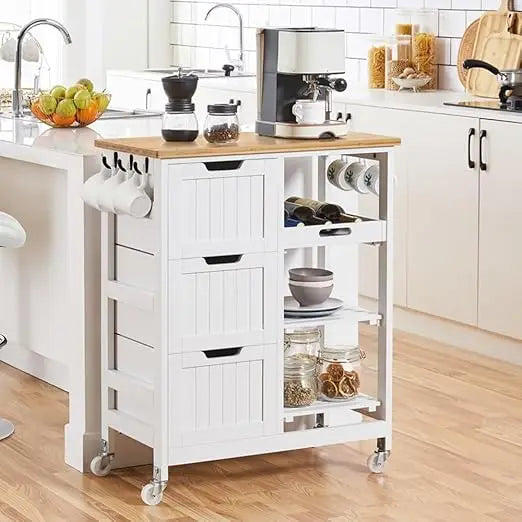 Kitchen Island Cart on Wheels with Bamboo Countertop Rolling Serving Utility Trolley Cart with 3 Drawers and 3 Removable Shelves