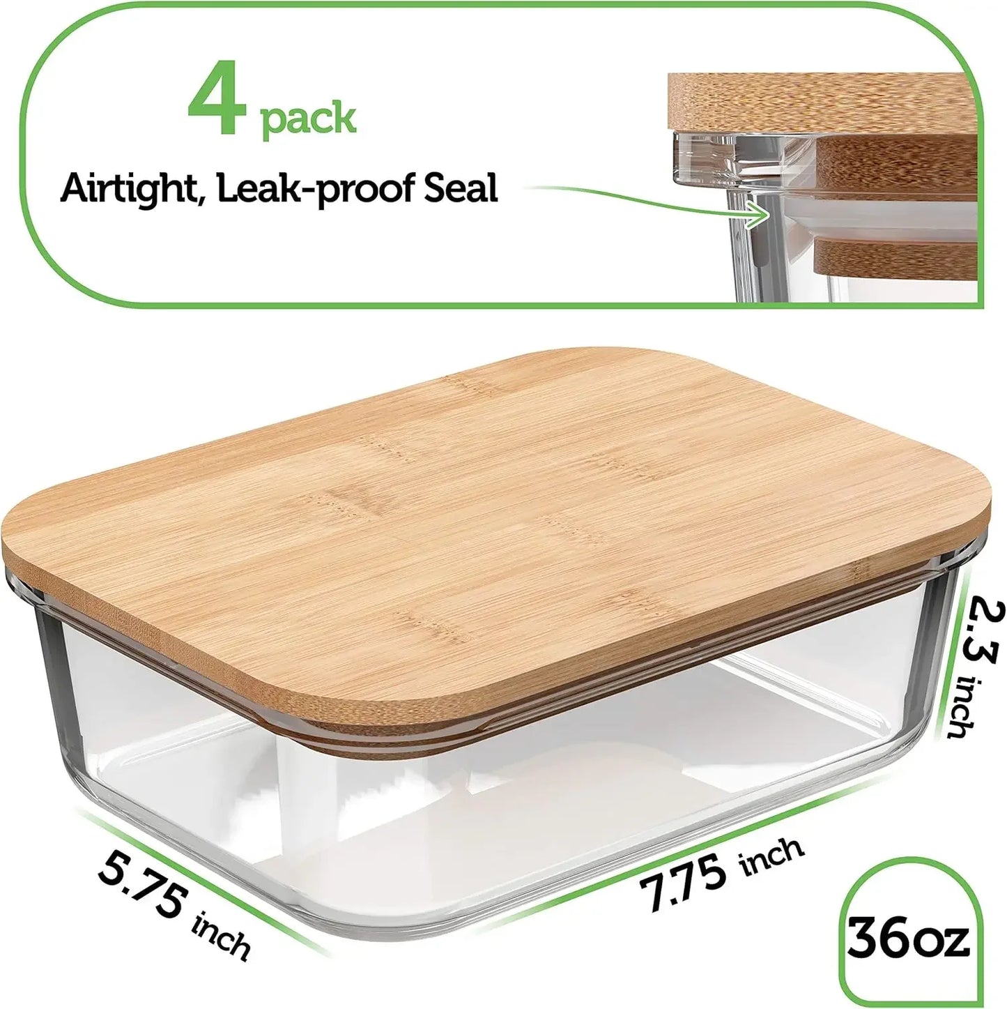 Glass Food Storage Containers with Bamboo Lids 4 Pack 36 Ounce