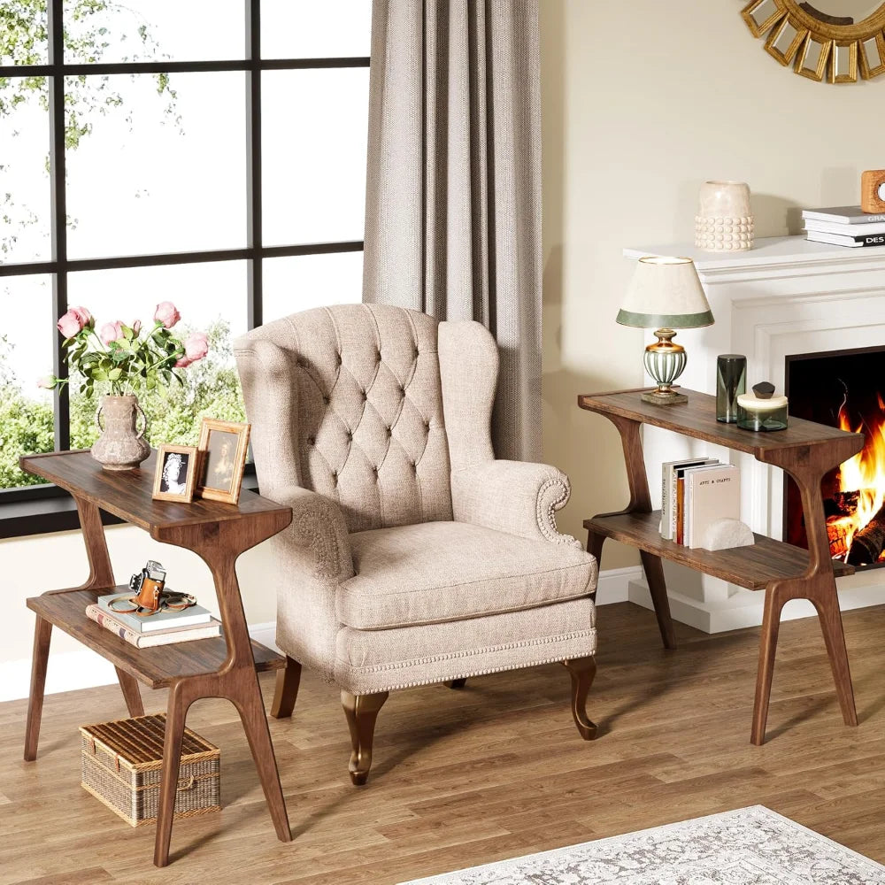 Set of 2 Narrow End Tables for Living Room 2-Tier Slim Side Table with Solid Wood Legs Farmhouse Tall End Table with Storage Shelf