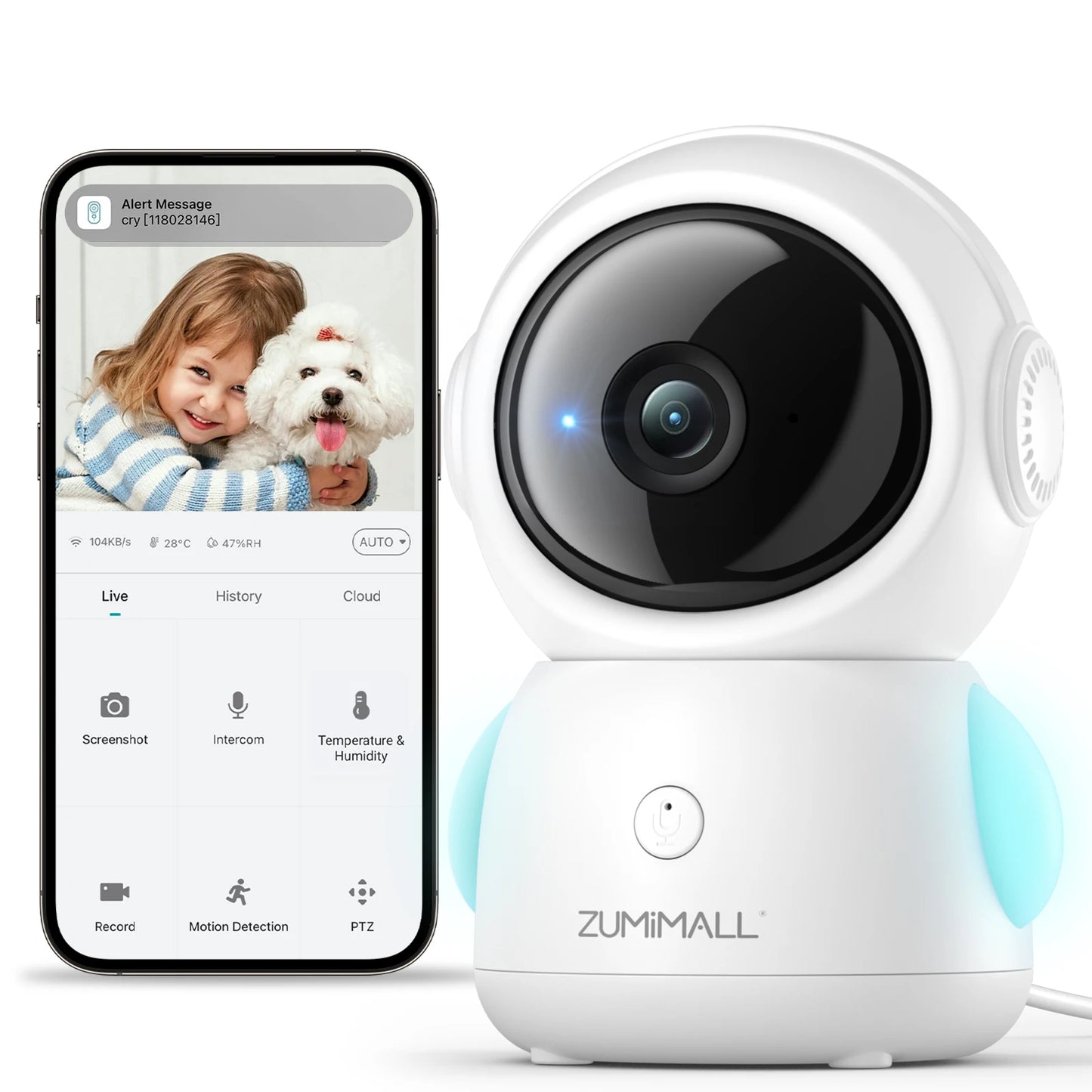 ZUMIMALL Wired Security Camera 5G 2.4G WiFi Baby Pet Monitor with Audio One Click Call Auto Tracking Cry PIR AI Detection