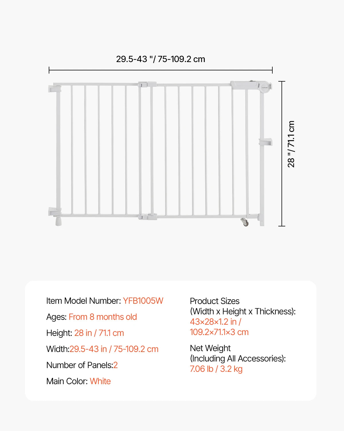 Vevor Baby Gate 29.5 to 43 Inches Adjustable Width 28 Inches High Dog Gate No Threshold Bar Easy Step Walk for Child and Pet Security