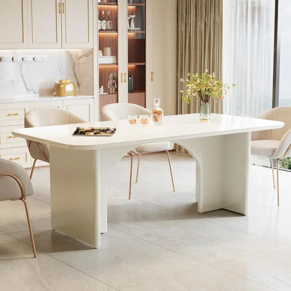 Modern Dining Table for 4 to 6 People Large Rectangle Kitchen Table with Arch Design Legs Glossy White Finish
