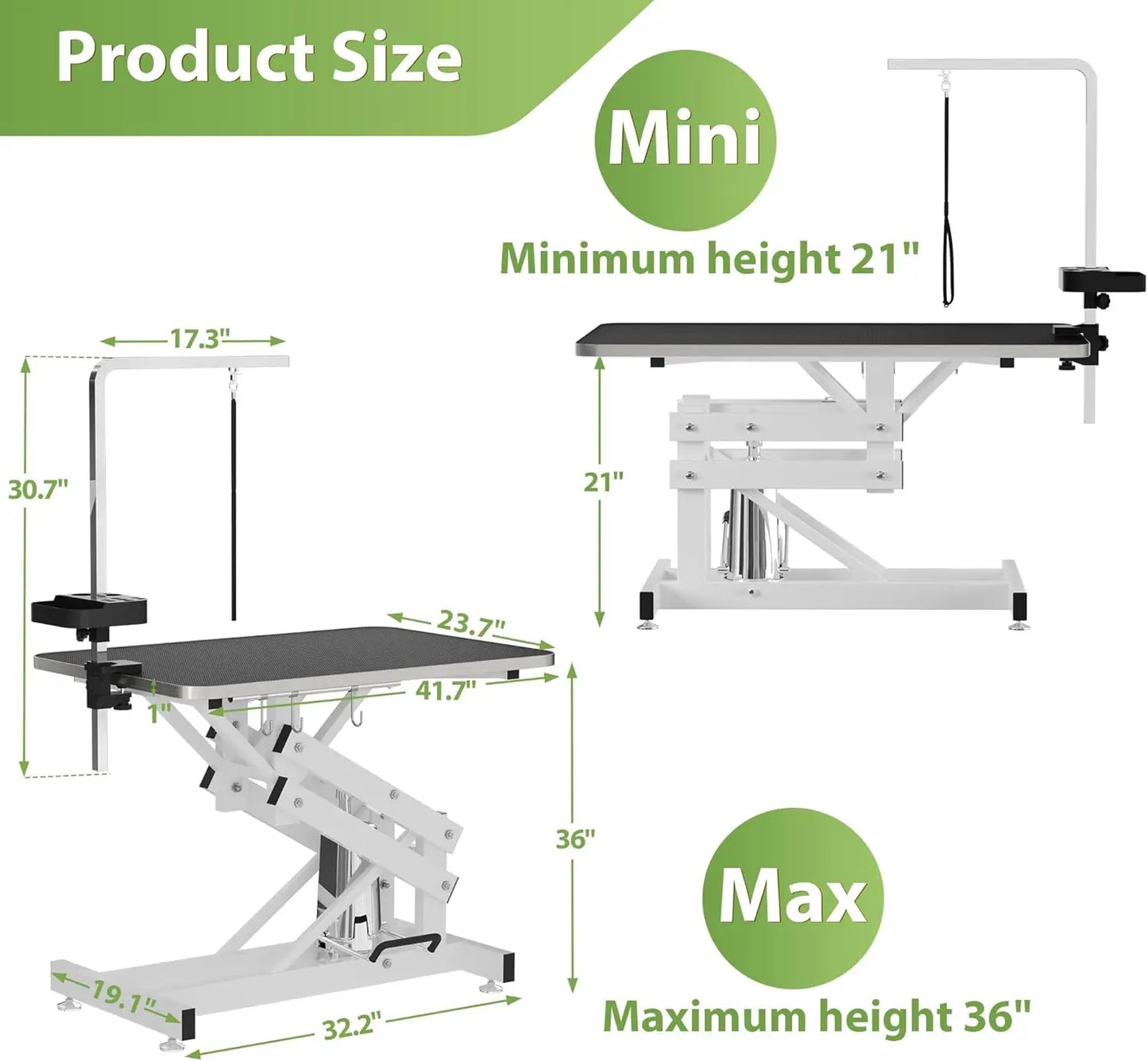 Hydraulic Pet Grooming Table with Anti Static Table Top Heavy Duty Z Lift Design Adjustable Height 21 to 36 Inches with Armrests and Leash Covers 330 Pounds Capacity