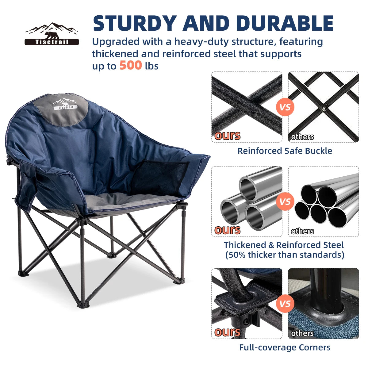 Tisetrail Oversized Camping Chair Padded Moon Round Saucer Chair with Cup Holder Folding Comfy Sofa Chair Blue and Gray
