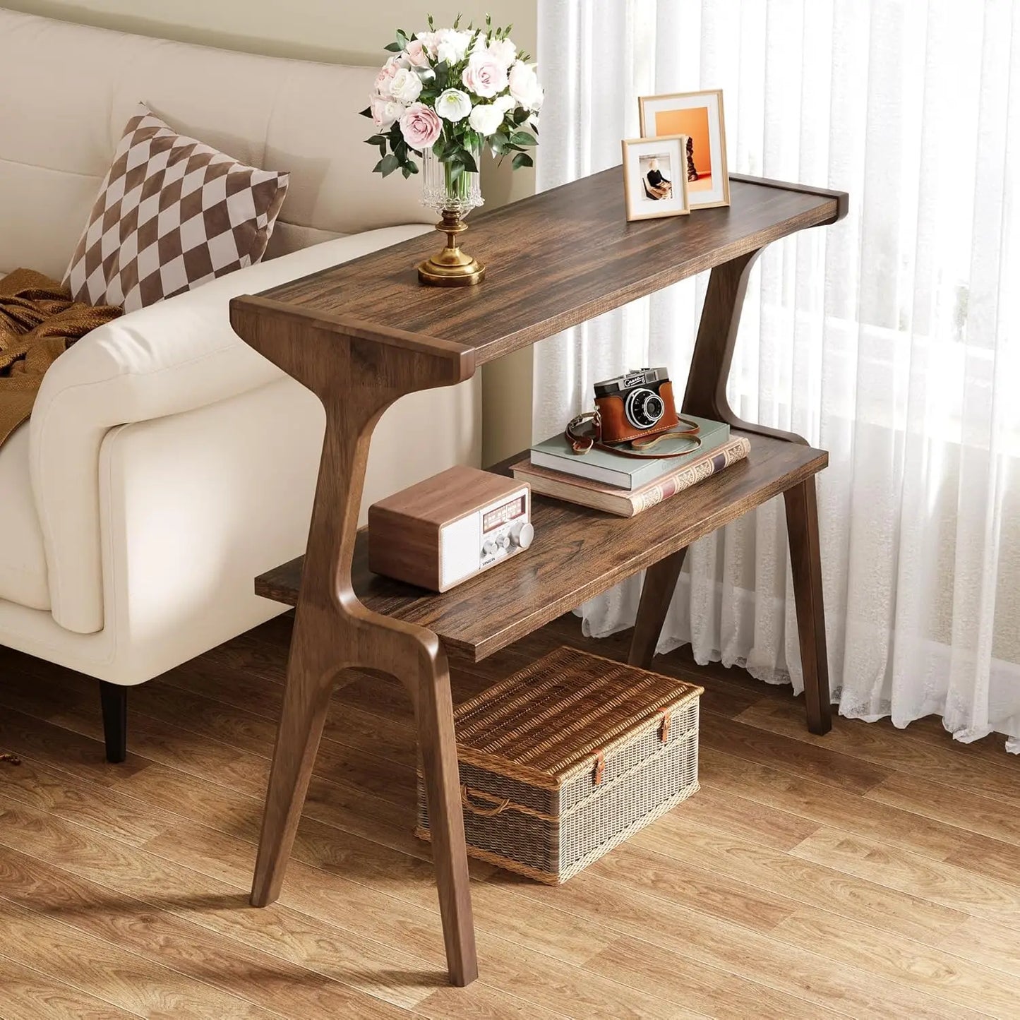 Set of 2 Narrow End Tables for Living Room 2-Tier Slim Side Table with Solid Wood Legs Farmhouse Tall End Table with Storage Shelf