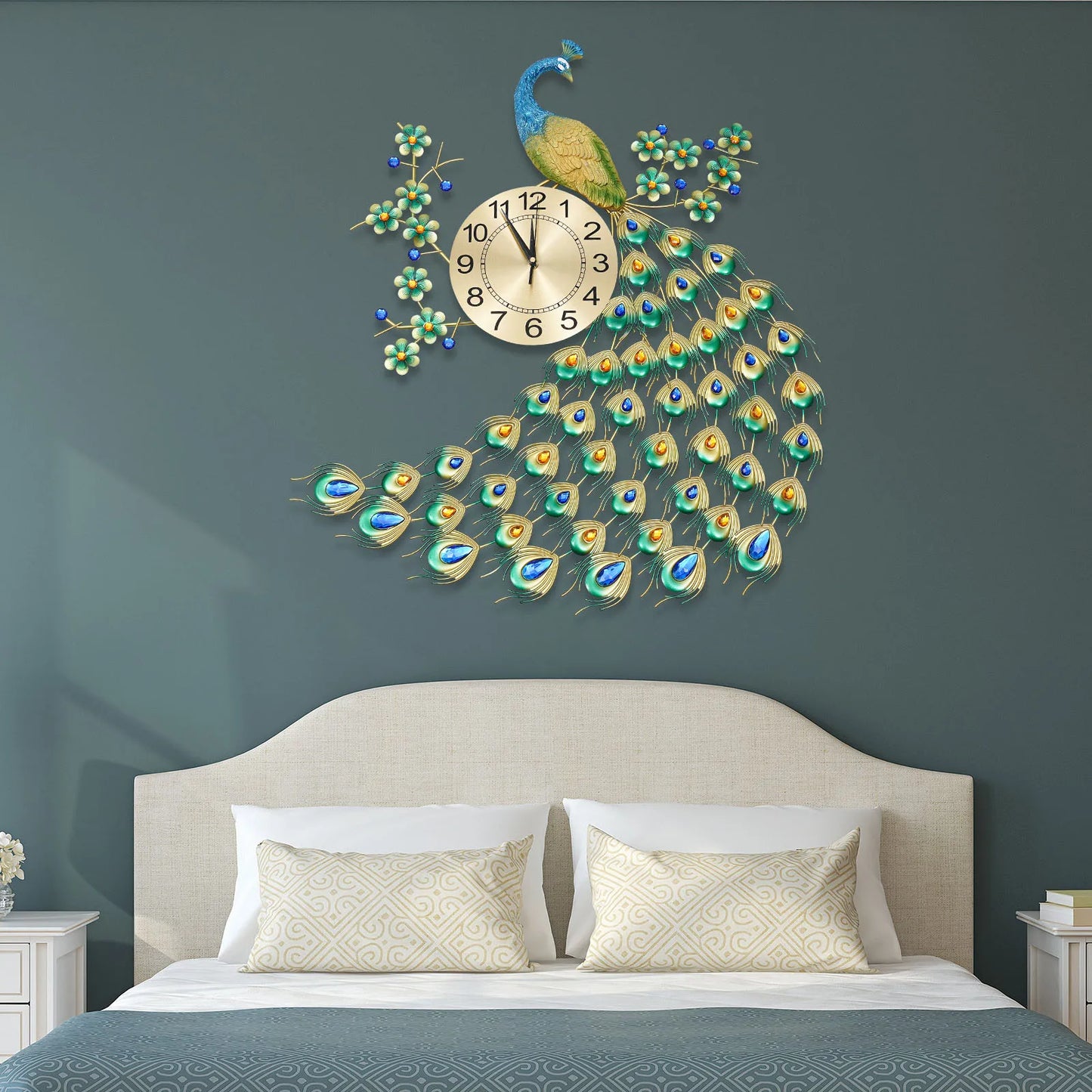 Luxury Peacock Wall Clock 3D Art Metal Silent Quartz Decor