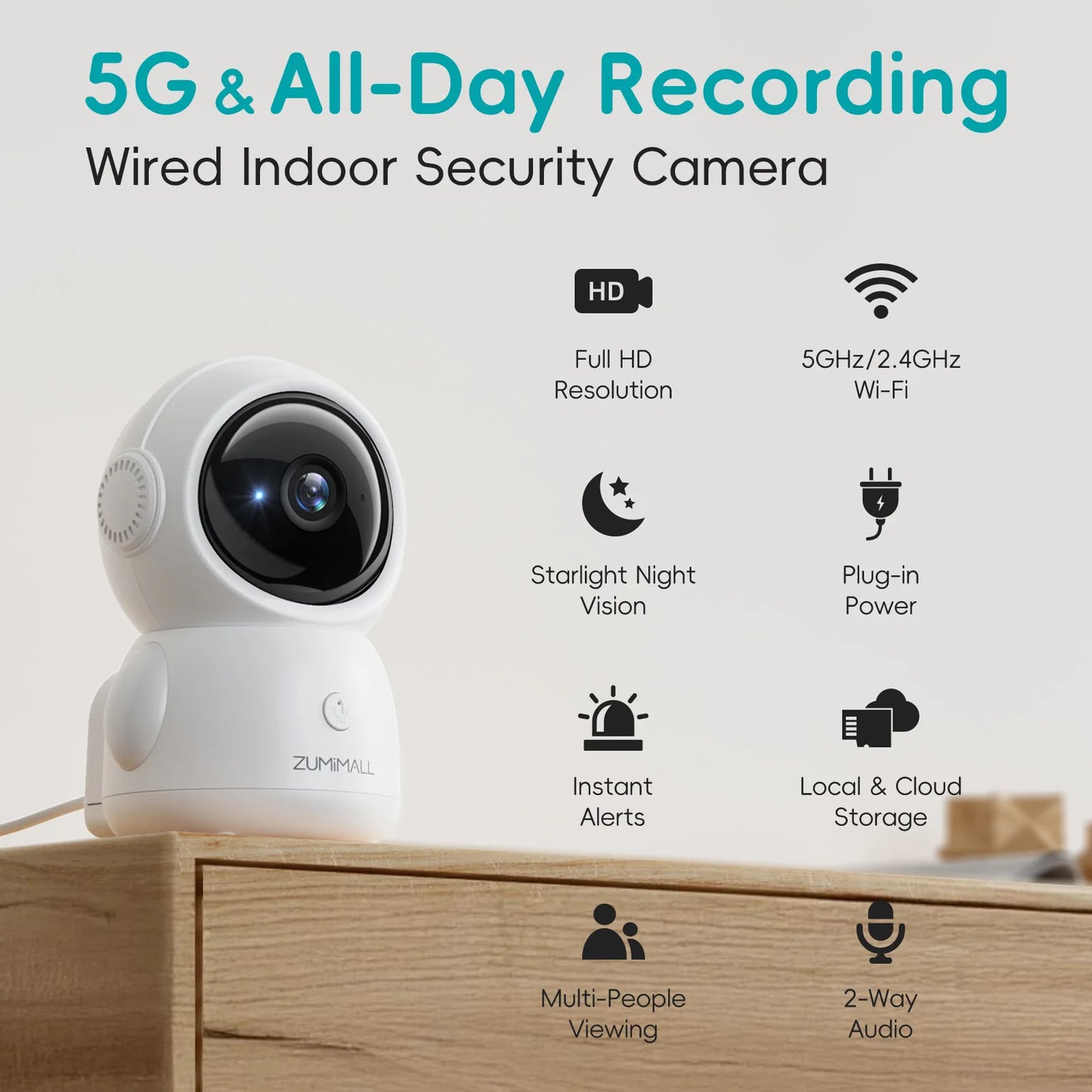 ZUMIMALL Wired Security Camera 5G 2.4G WiFi Baby Pet Monitor with Audio One Click Call Auto Tracking Cry PIR AI Detection