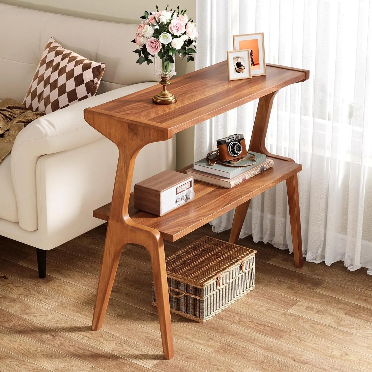 Set of 2 Narrow End Tables for Living Room 2-Tier Slim Side Table with Solid Wood Legs Farmhouse Tall End Table with Storage Shelf