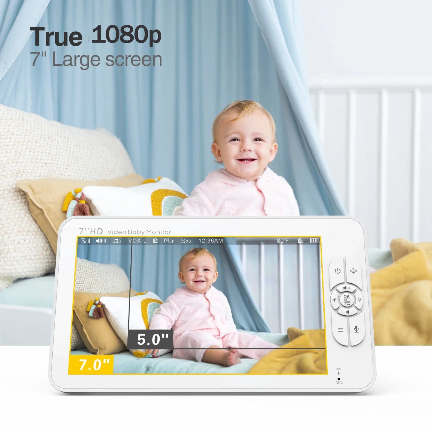 Babystar 7 Inch HD Split Screen Video Baby Monitor No WiFi Baby Camera Monitor Hack Proof Remote Zoom Pan Tilt 4000mAh Battery