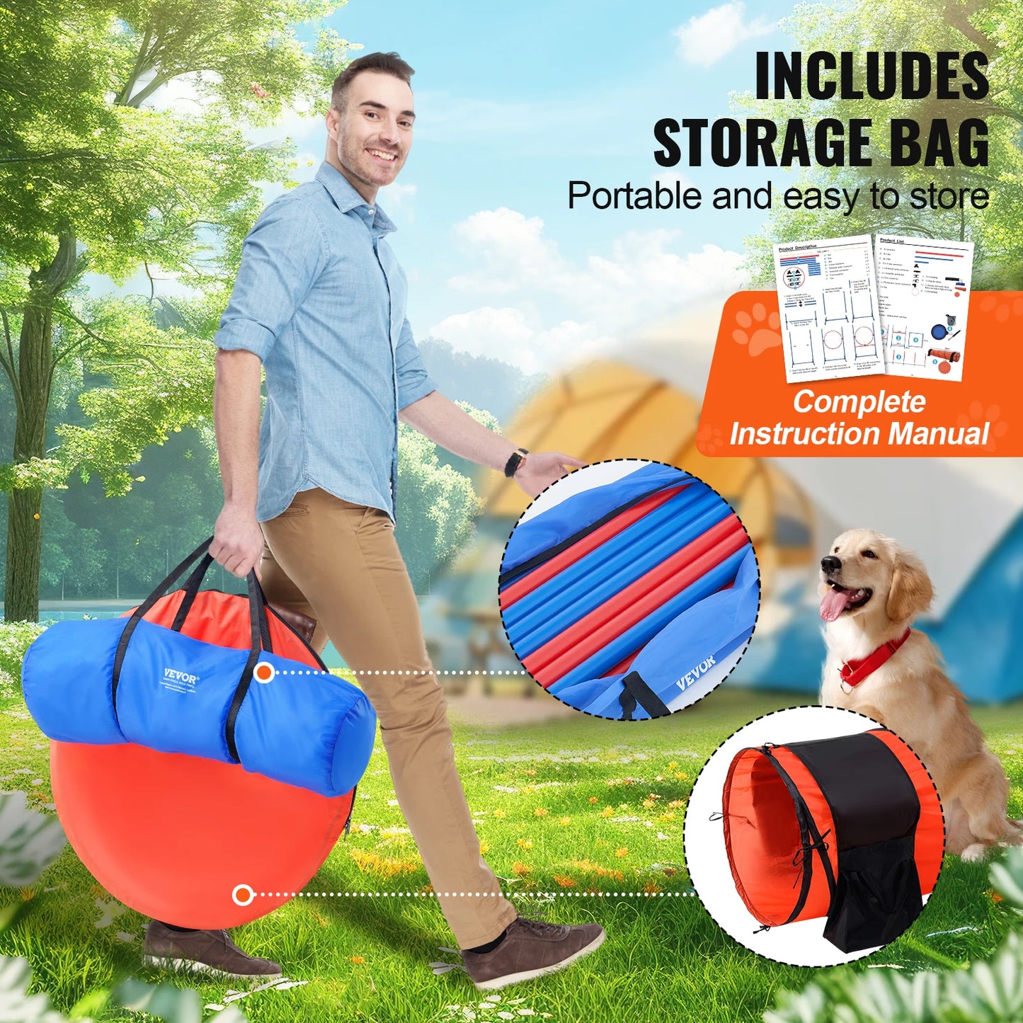 VEVOR Dog Agility Training Equipment 5 Piece Set Adjustable Hurdles Extended Tunnel Puppy Obstacle Course Kit with Bag
