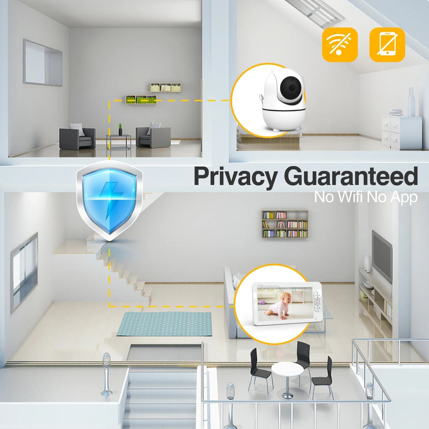 Babystar 7 Inch HD Split Screen Video Baby Monitor No WiFi Baby Camera Monitor Hack Proof Remote Zoom Pan Tilt 4000mAh Battery