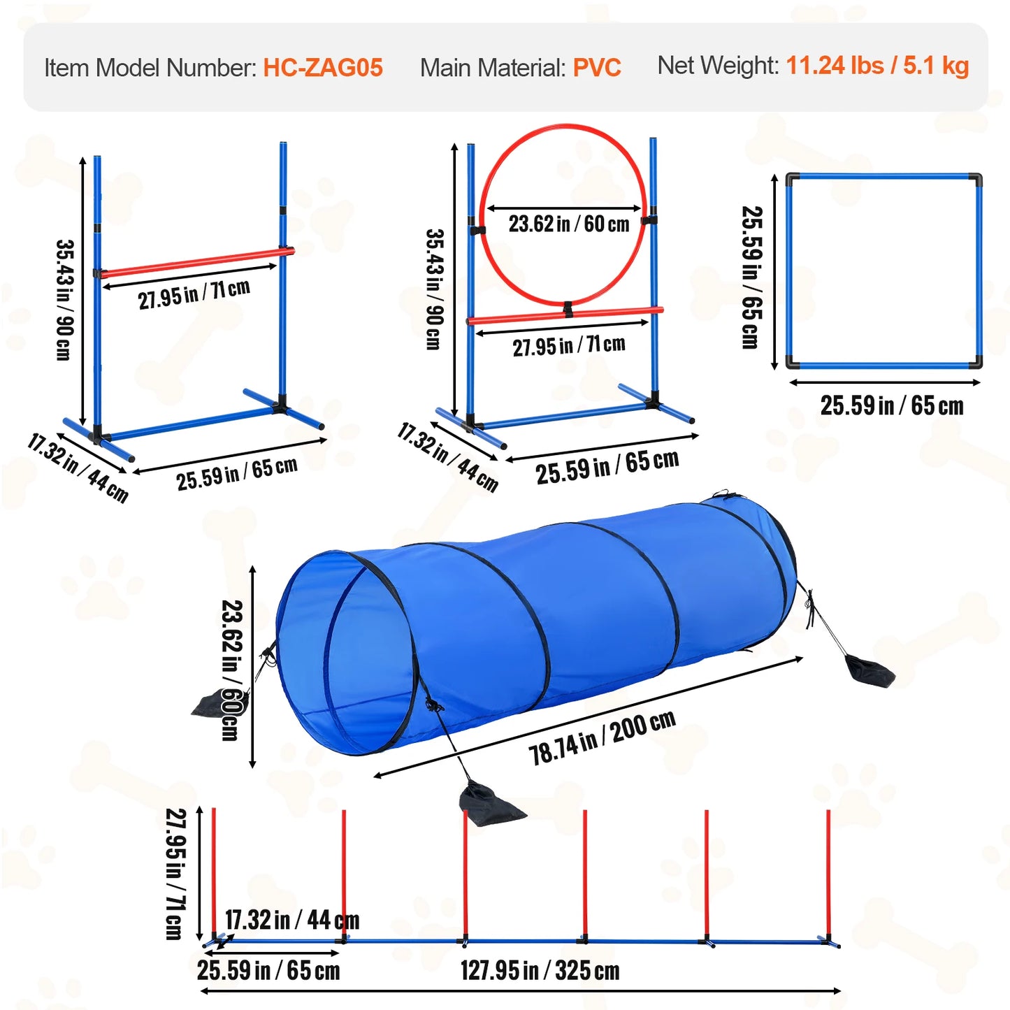 VEVOR Dog Agility Training Equipment 5 Piece Set Adjustable Hurdles Extended Tunnel Puppy Obstacle Course Kit with Bag