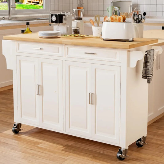 Kitchen Island With Storage 54 Inch Large Rolling Kitchen Island Cart On Wheels 2 Cabinets 2 Drawers Spice Towel Rack Mobile Kitchen