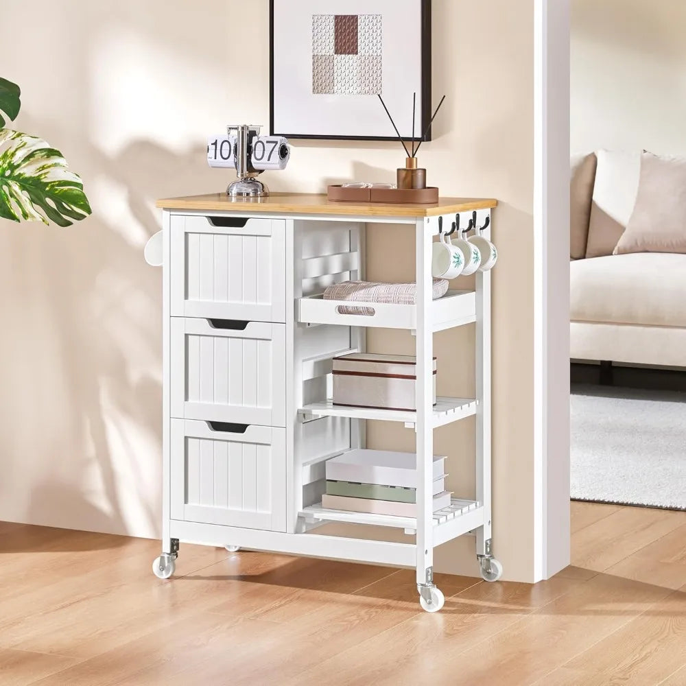 Kitchen Island Cart on Wheels with Bamboo Countertop Rolling Serving Utility Trolley Cart with 3 Drawers and 3 Removable Shelves