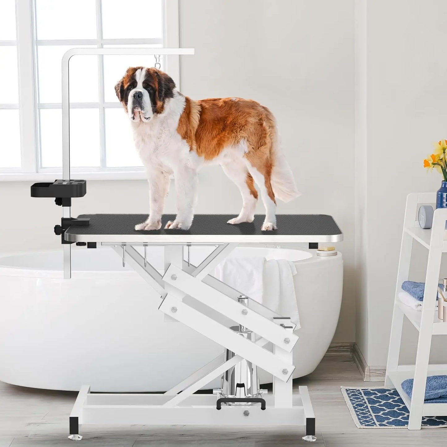 Hydraulic Pet Grooming Table with Anti Static Table Top Heavy Duty Z Lift Design Adjustable Height 21 to 36 Inches with Armrests and Leash Covers 330 Pounds Capacity