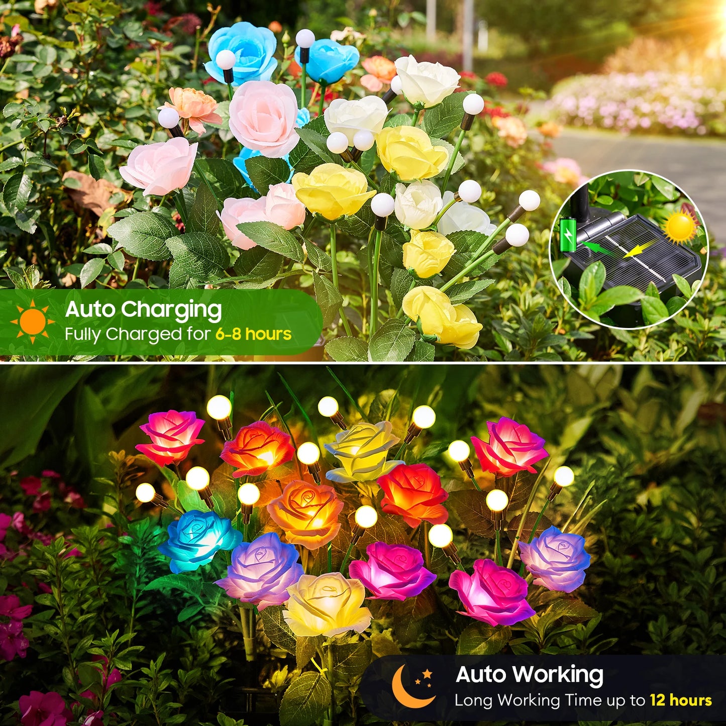 2 or 4 Pack Solar Rose and Firefly Swing Lights 7 Color Changing Outdoor Solar Lights for Garden Patio Holiday Decor and Gifts