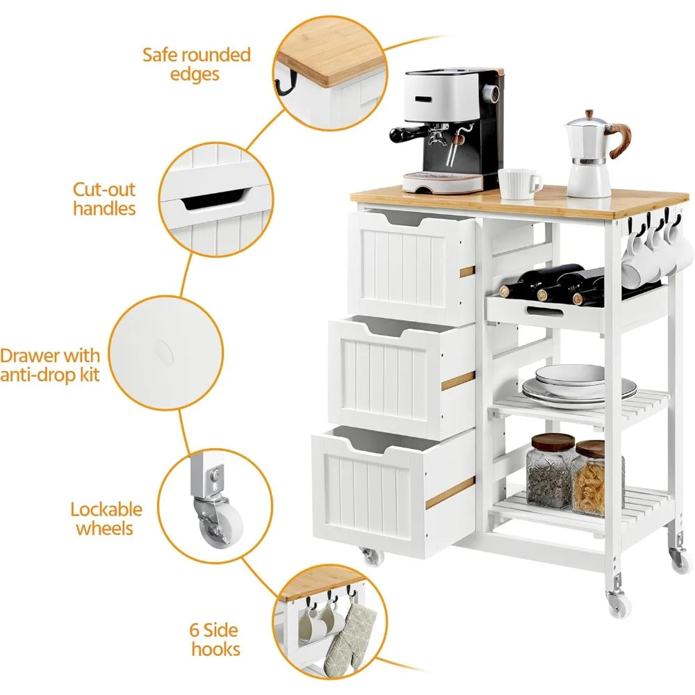 Kitchen Island Cart on Wheels with Bamboo Countertop Rolling Serving Utility Trolley Cart with 3 Drawers and 3 Removable Shelves
