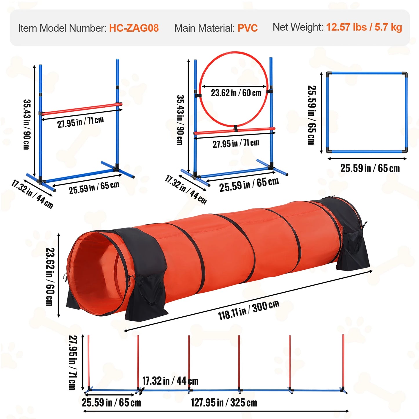 VEVOR Dog Agility Training Equipment 5 Piece Set Adjustable Hurdles Extended Tunnel Puppy Obstacle Course Kit with Bag