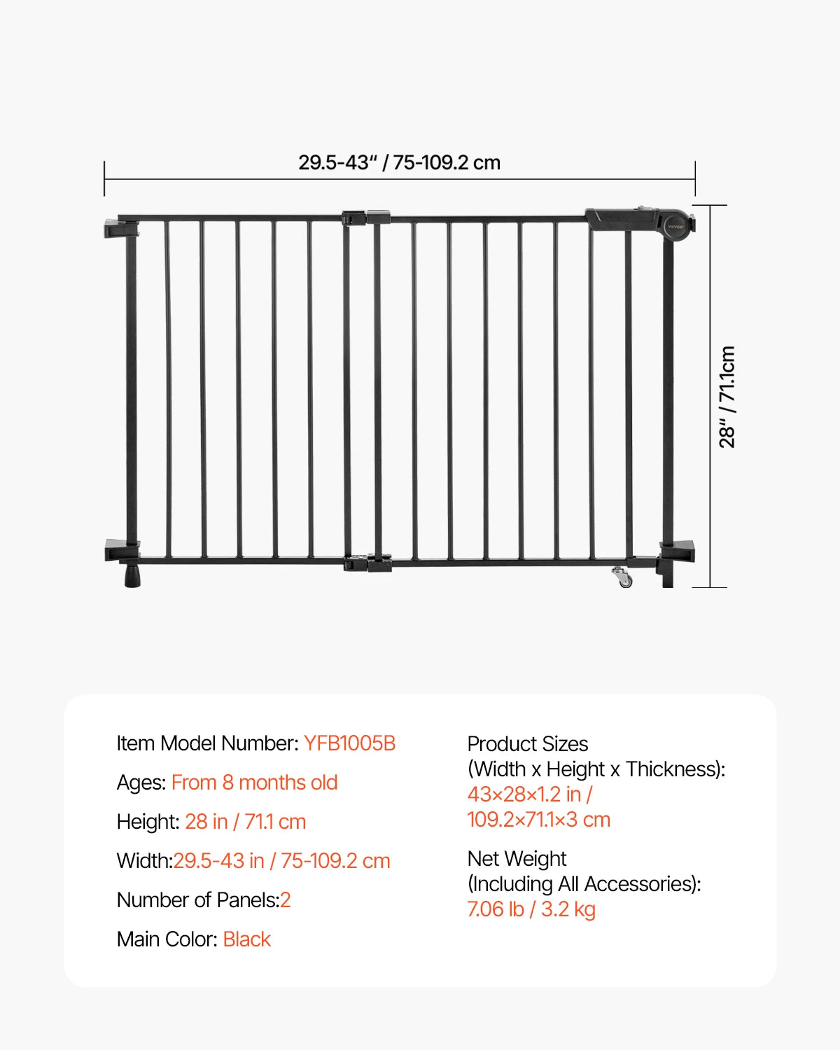 Vevor Baby Gate 29.5 to 43 Inches Adjustable Width 28 Inches High Dog Gate No Threshold Bar Easy Step Walk for Child and Pet Security