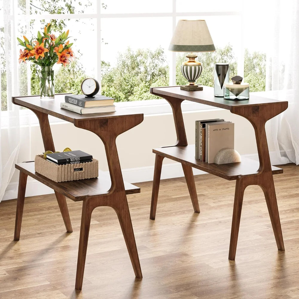 Set of 2 Narrow End Tables for Living Room 2-Tier Slim Side Table with Solid Wood Legs Farmhouse Tall End Table with Storage Shelf