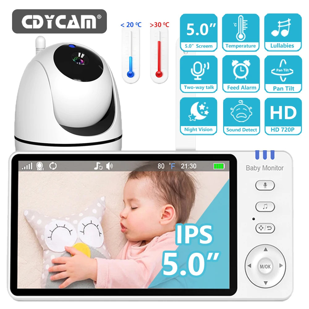5 Inch Video Baby Monitor With Pan Tilt Camera Wireless Two Way Audio Night Vision Security Babysitter VOX Wake Up USB Charge