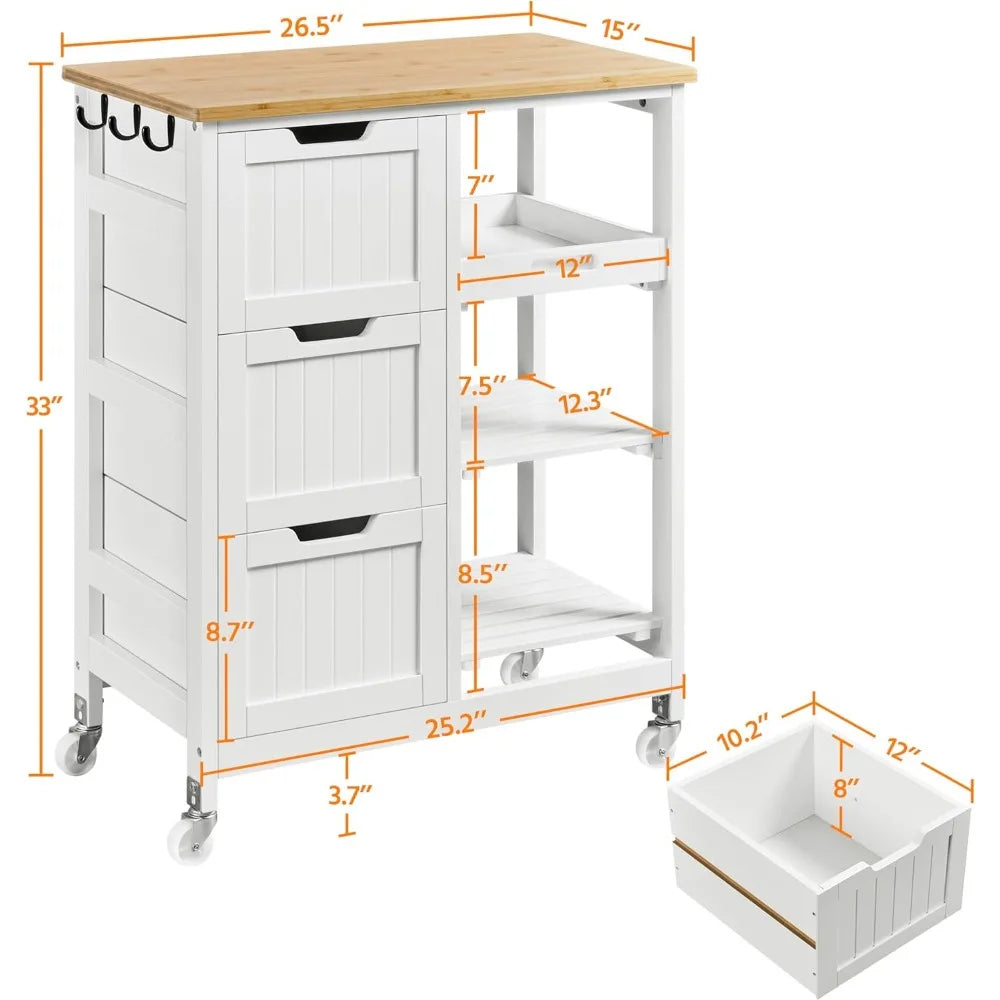Kitchen Island Cart on Wheels with Bamboo Countertop Rolling Serving Utility Trolley Cart with 3 Drawers and 3 Removable Shelves