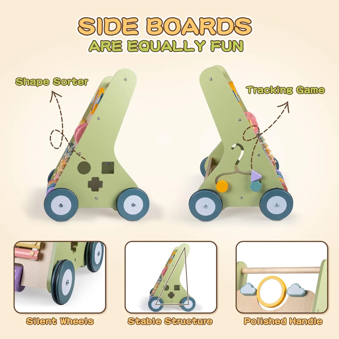 Wooden Baby Walker with Wheel, Montessori Walker for Boys 6-12 Months Push Toy, Baby Walking Toys for 1 Year Old Activity Center