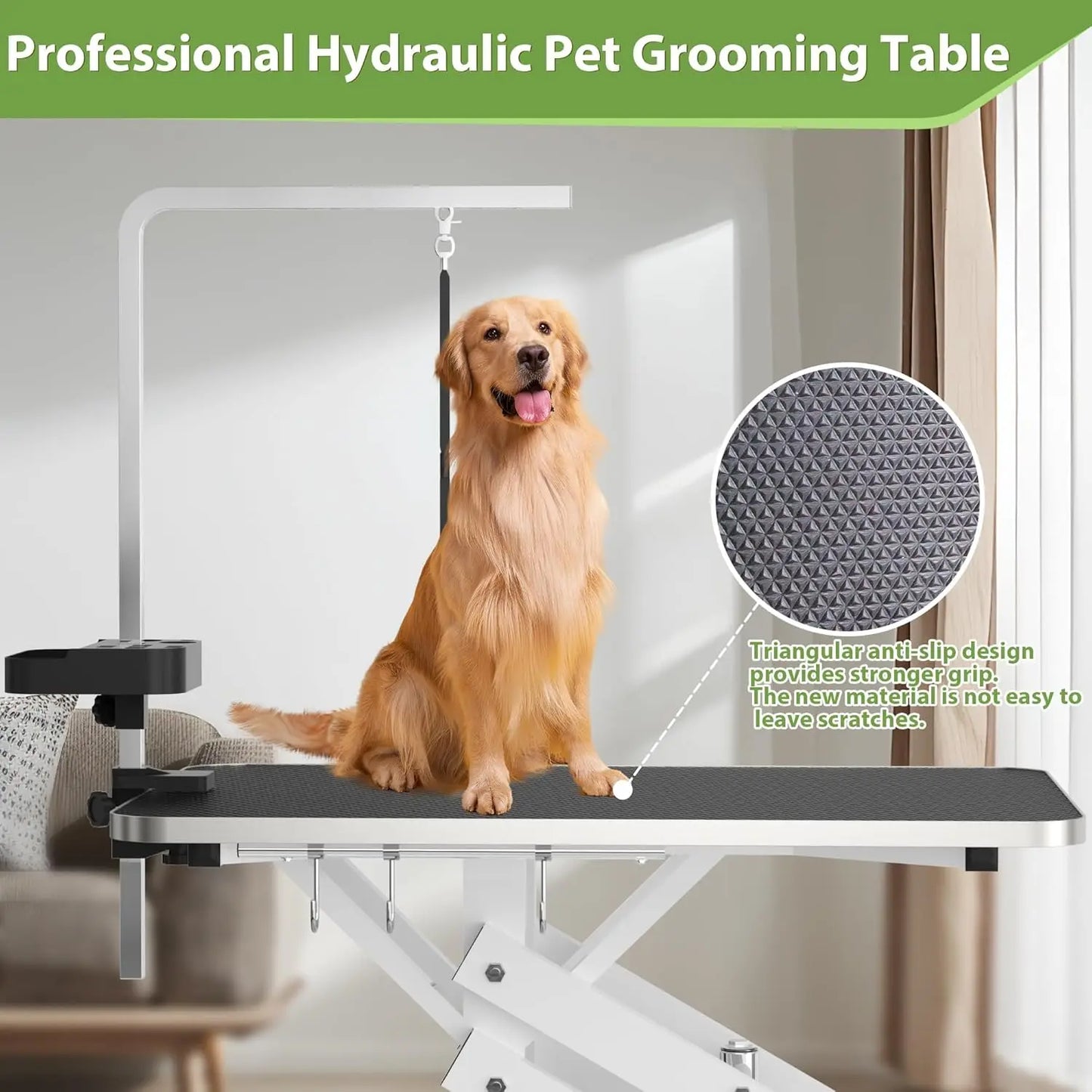 Hydraulic Pet Grooming Table with Anti Static Table Top Heavy Duty Z Lift Design Adjustable Height 21 to 36 Inches with Armrests and Leash Covers 330 Pounds Capacity