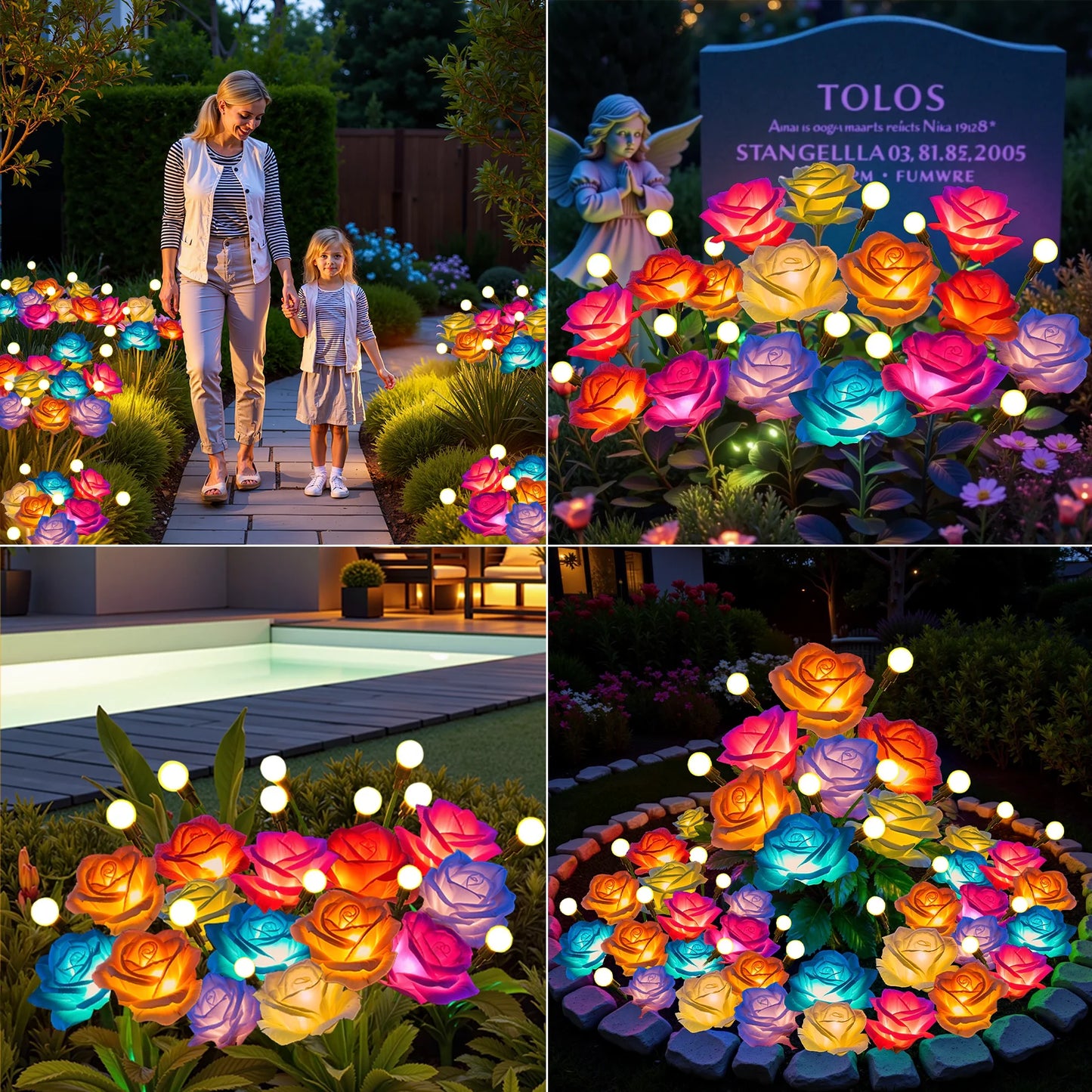 2 or 4 Pack Solar Rose and Firefly Swing Lights 7 Color Changing Outdoor Solar Lights for Garden Patio Holiday Decor and Gifts