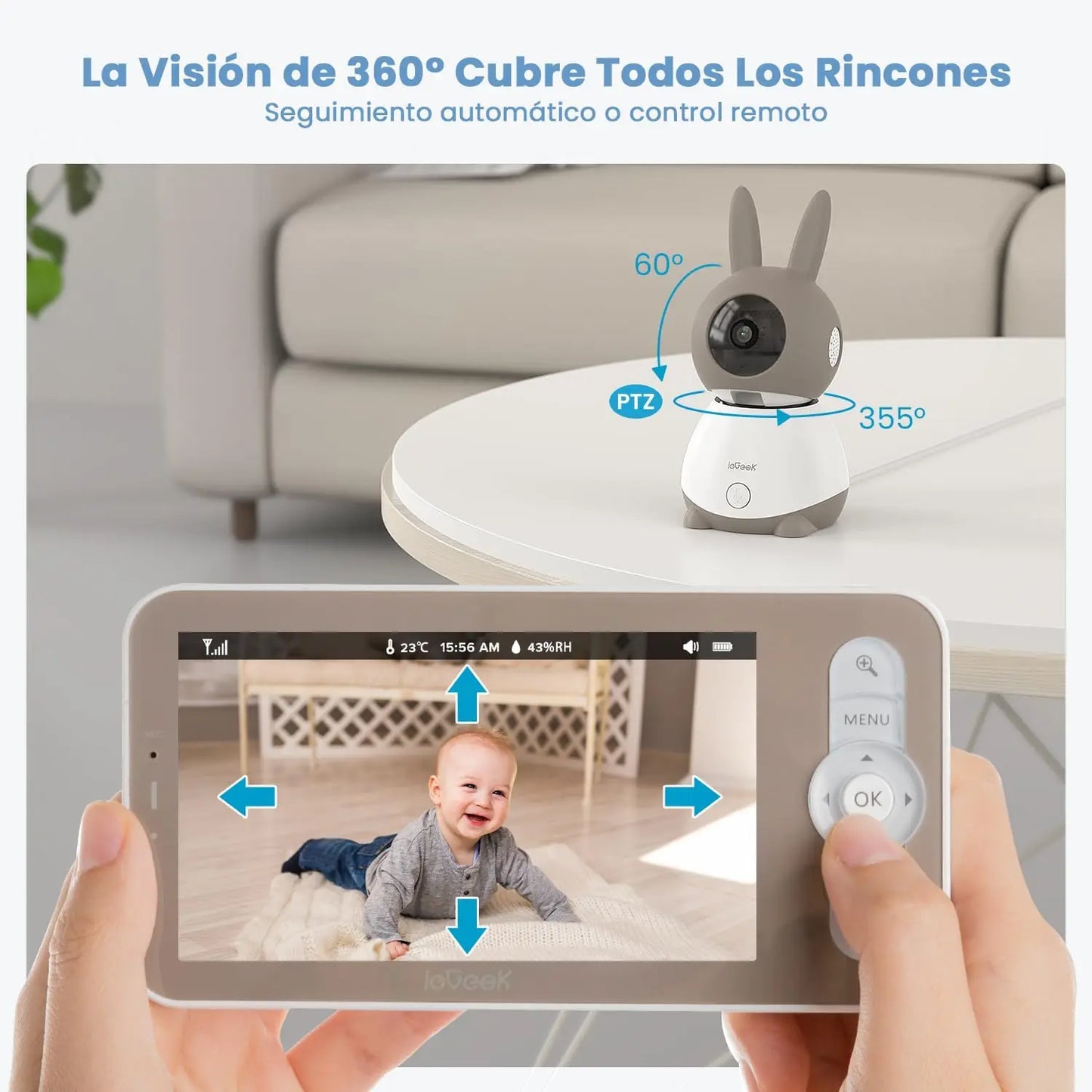 IeGeek 5 Inch 2K 3MP Baby Surveillance Camera 360 Degree PTZ Baby Monitor with Dual Screen Preview and Motion Detection