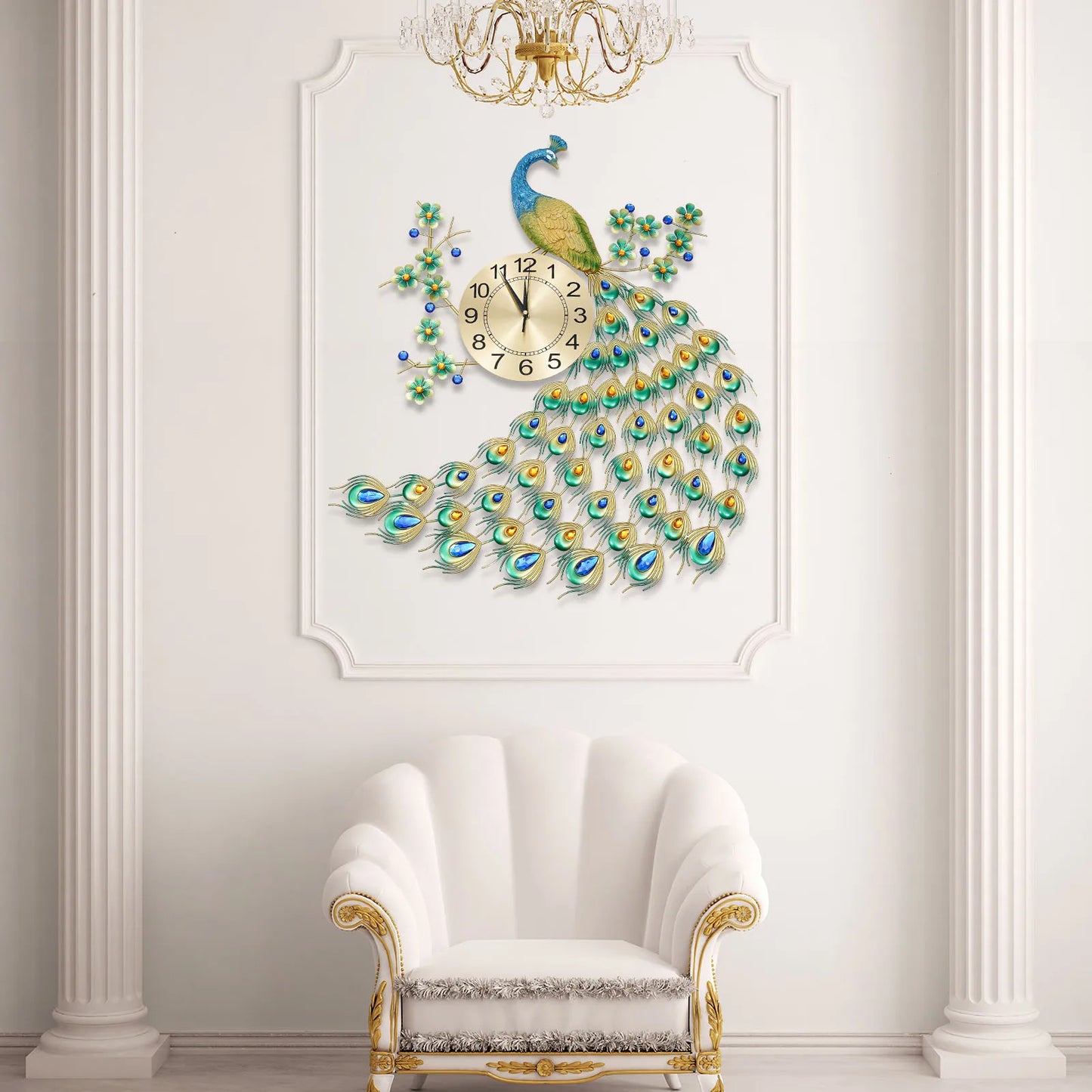 Luxury Peacock Wall Clock 3D Art Metal Silent Quartz Decor