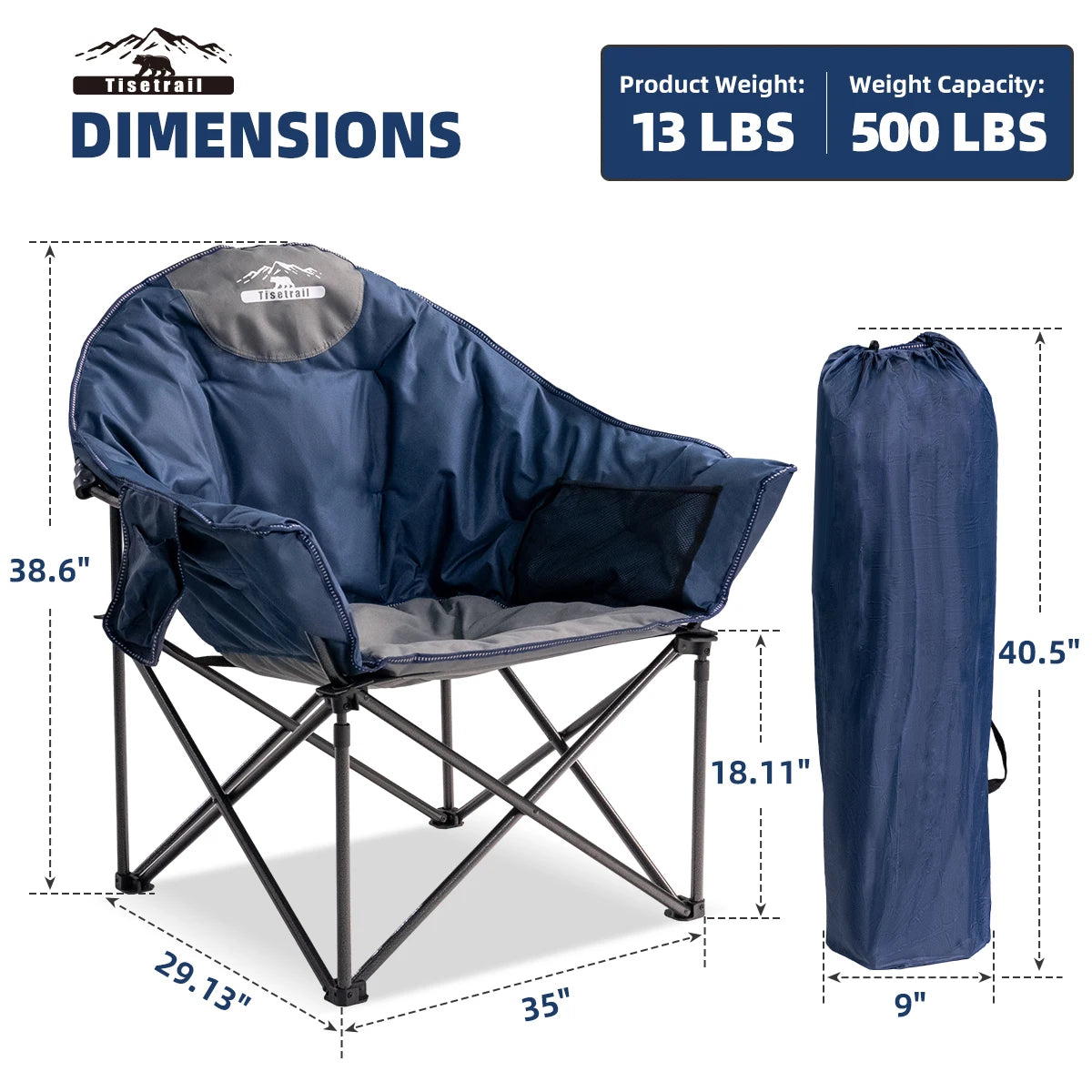 Tisetrail Oversized Camping Chair Padded Moon Round Saucer Chair with Cup Holder Folding Comfy Sofa Chair Blue and Gray