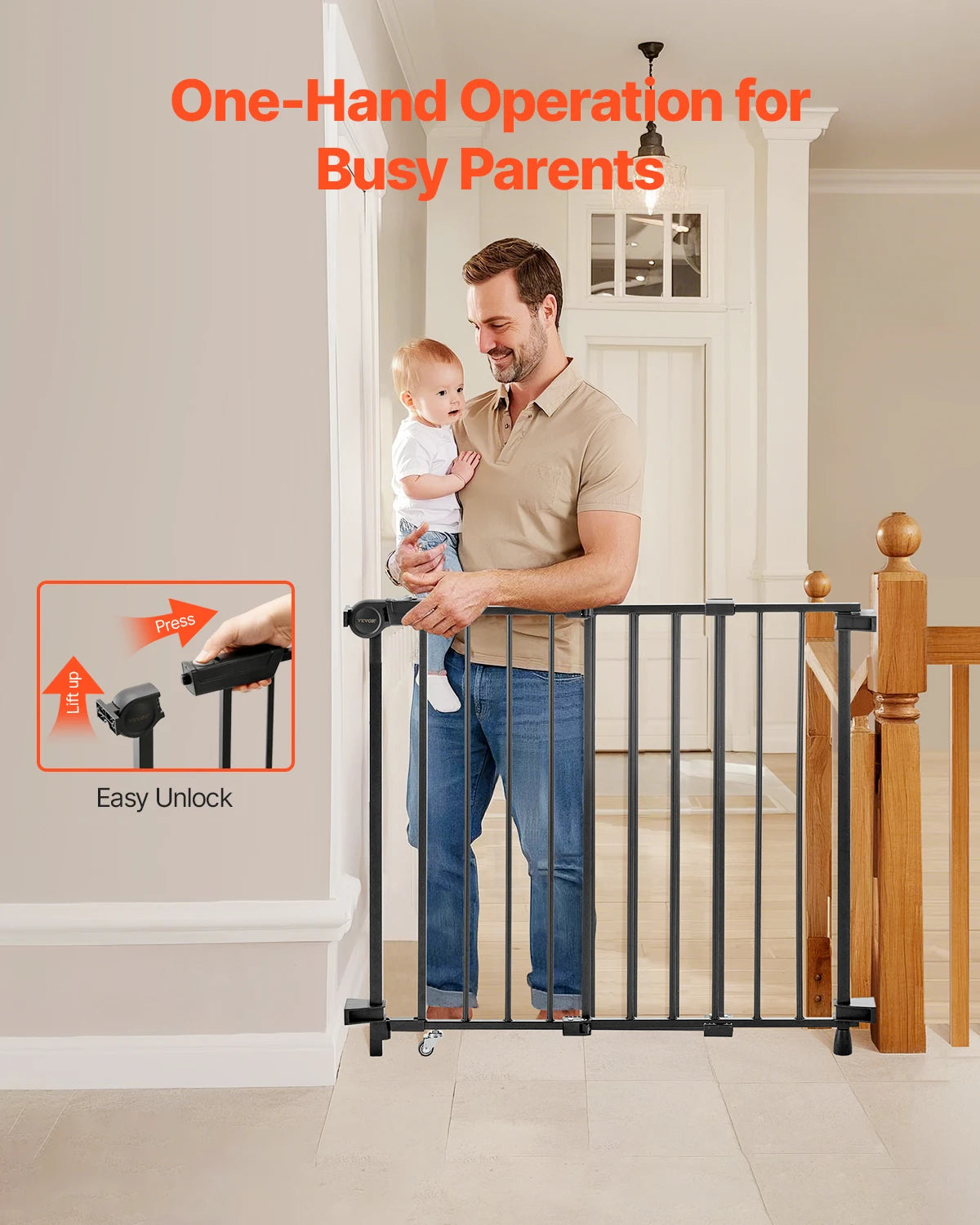 Vevor Baby Gate 29.5 to 43 Inches Adjustable Width 28 Inches High Dog Gate No Threshold Bar Easy Step Walk for Child and Pet Security