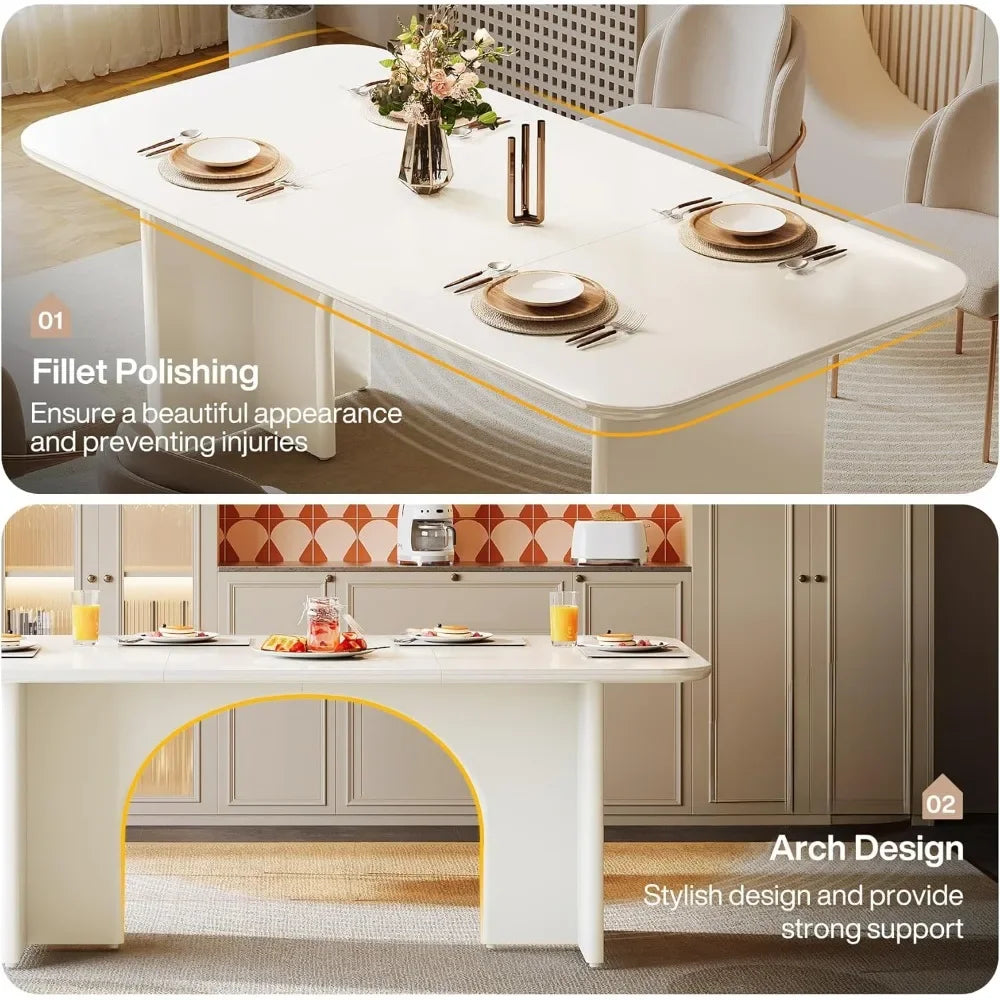 Modern Dining Table for 4 to 6 People Large Rectangle Kitchen Table with Arch Design Legs Glossy White Finish
