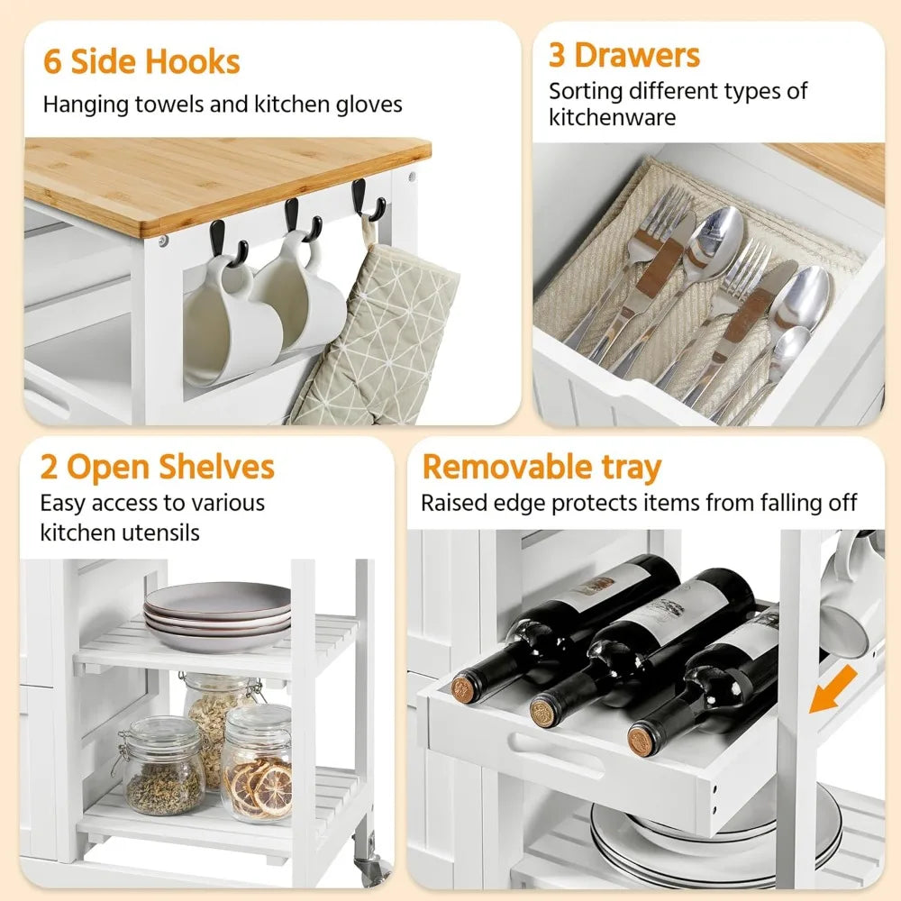 Kitchen Island Cart on Wheels with Bamboo Countertop Rolling Serving Utility Trolley Cart with 3 Drawers and 3 Removable Shelves