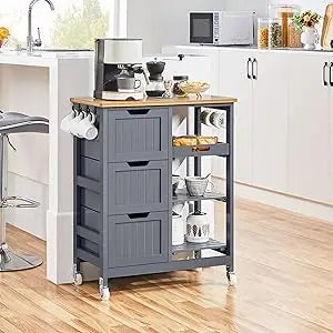Kitchen Island Cart on Wheels with Bamboo Countertop Rolling Serving Utility Trolley Cart with 3 Drawers and 3 Removable Shelves