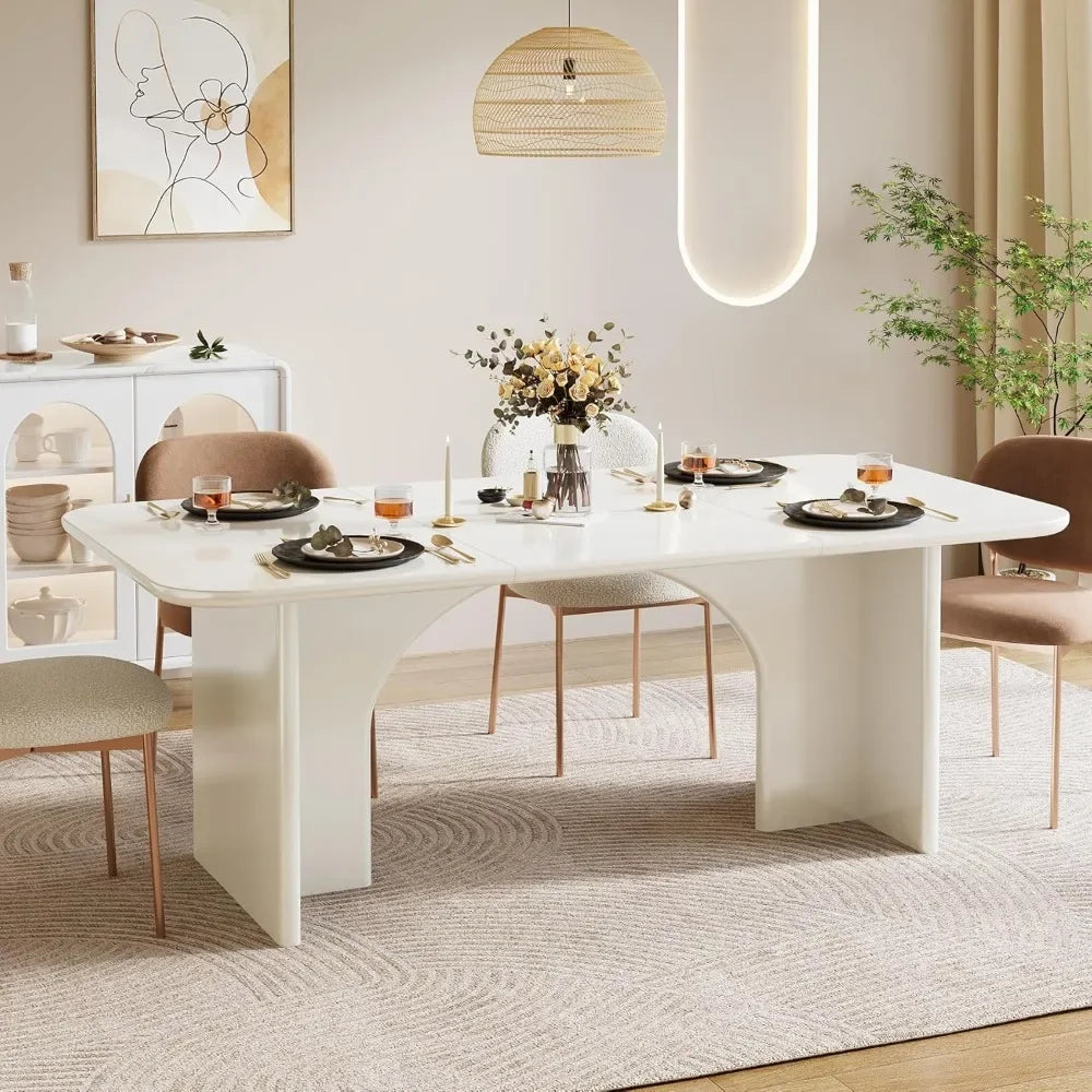Modern Dining Table for 4 to 6 People Large Rectangle Kitchen Table with Arch Design Legs Glossy White Finish