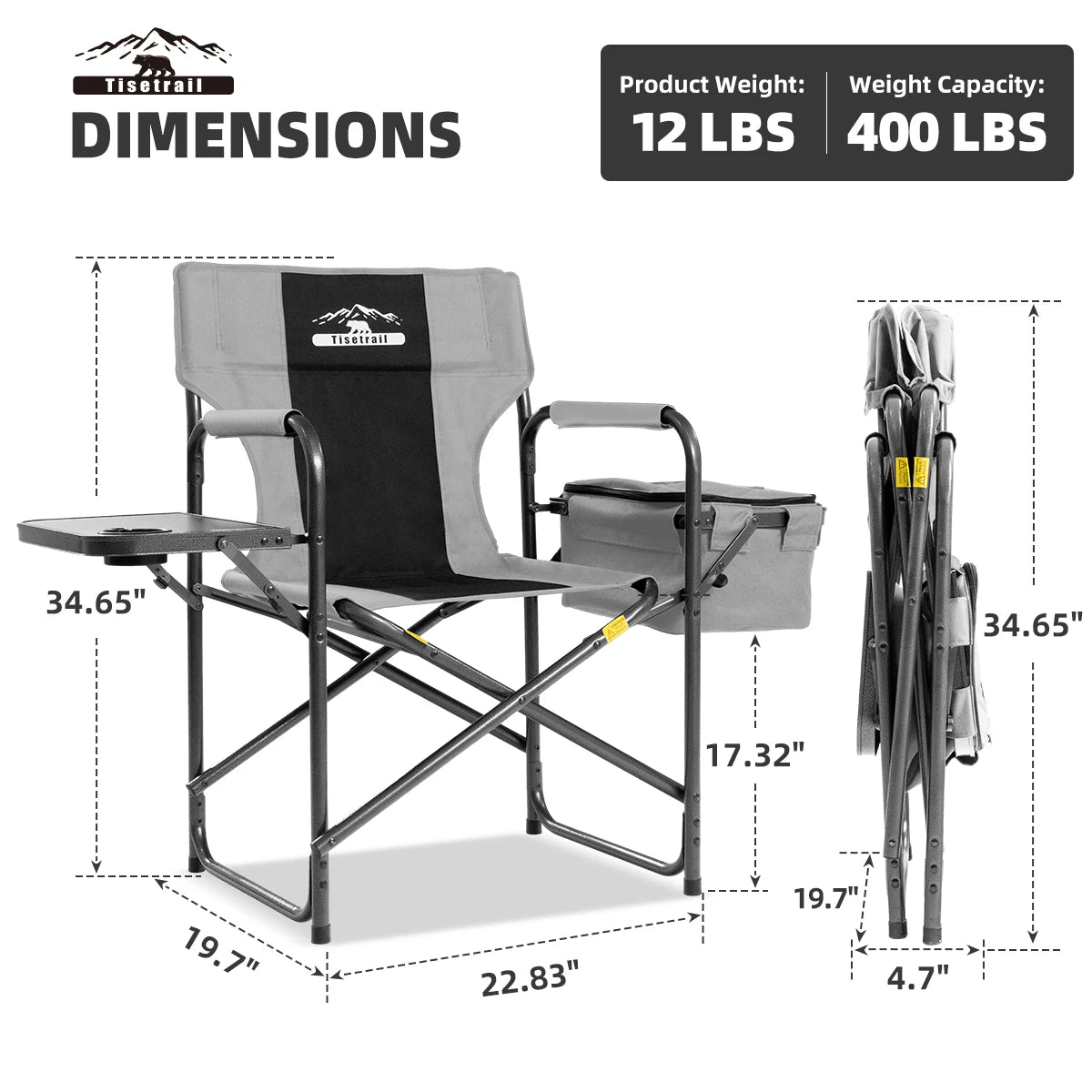 Tisetrail Director Camping Chair with Cooler Bag Foldable Side Tray Outdoor Lawn Chair Gray and Black